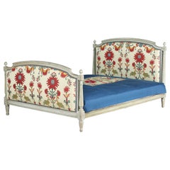 Antique Bed French Carved Painted Old White Susani Upholstered Louis XVI King 150cm 5ft