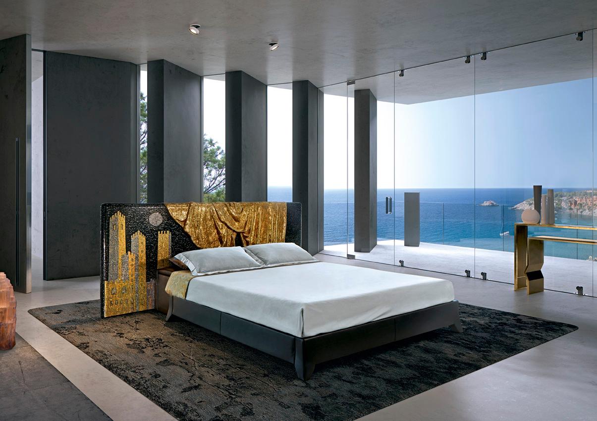 Cabecero de Cama 3D Mosaico Artístico Hoja de Oro Base y Caja Cuero Apertura Motorizada Italiano en venta