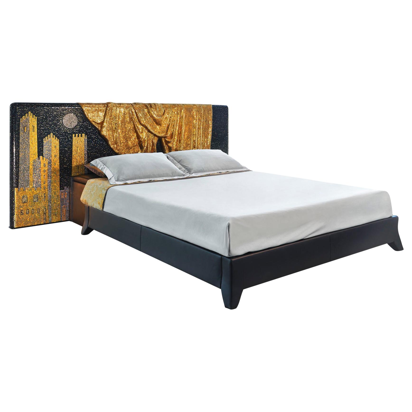 Bed Headboard 3D Artistic Mosaic Gold Leaf Base & Box Leather Motorized Opening For Sale