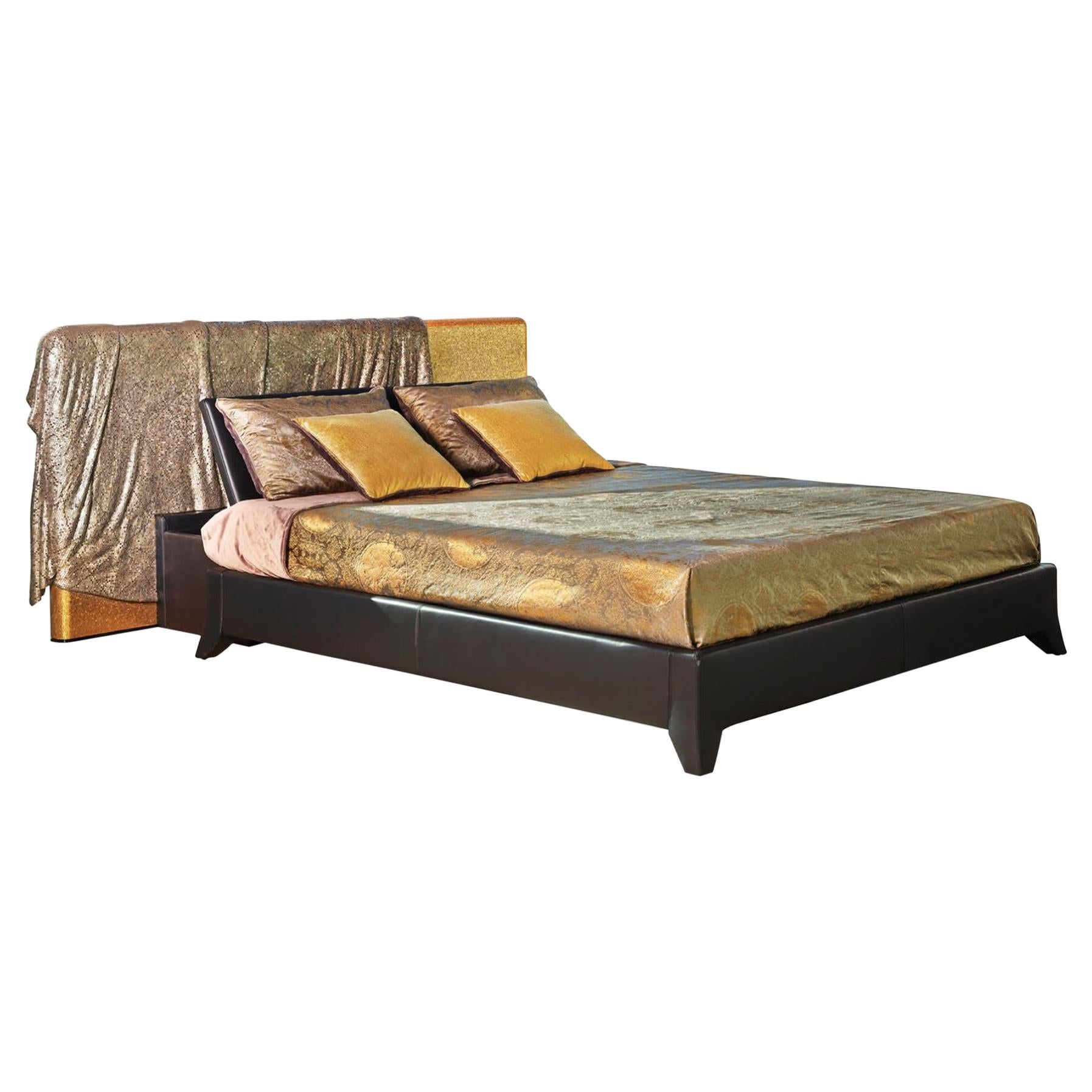 Bed Headboard 3D Artistic Mosaic Gold Platinum Base & Box Leather Motorised Open For Sale