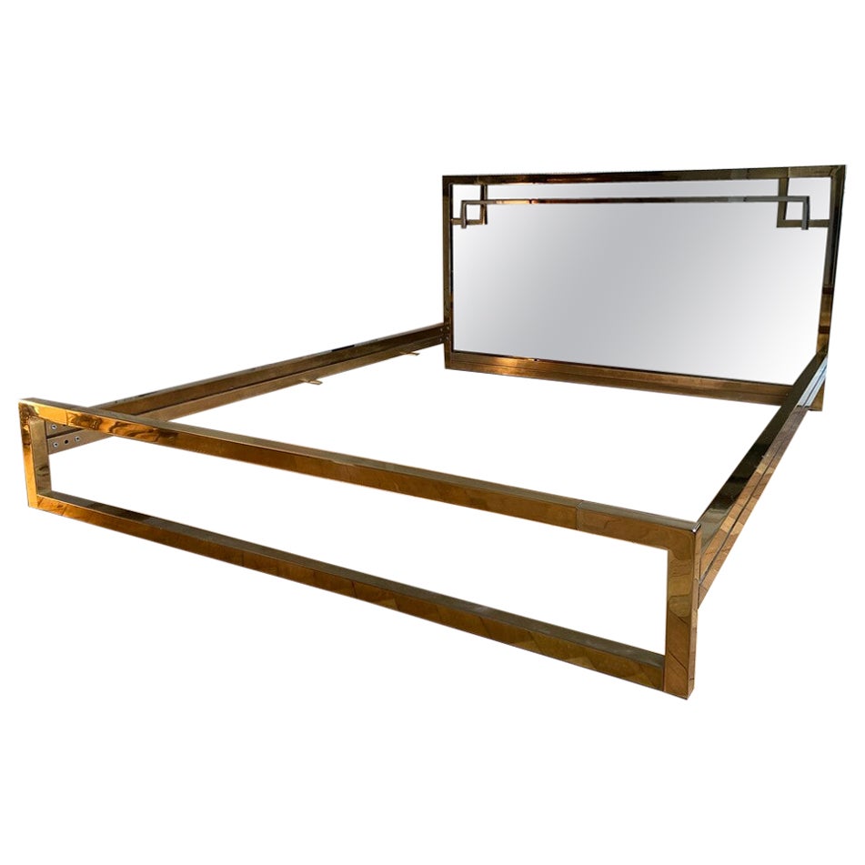 Bed in Gilded Metal and Bronze Mirror Headboard, 1970 Belgo Chrome, Mid Century For Sale