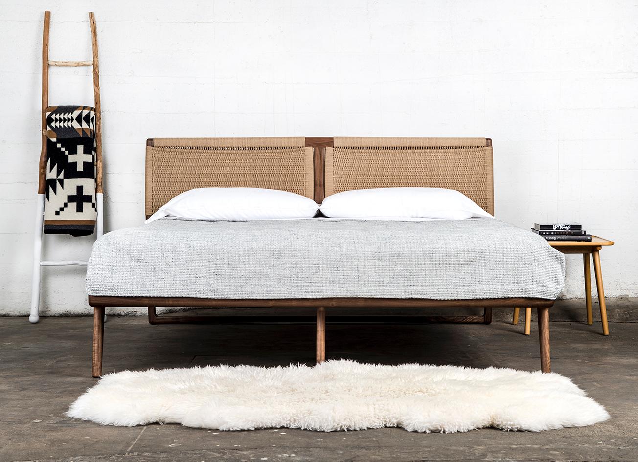 This listing is for a Rian Bed in Walnut with Kraft Danish Cord, King. Custom options available. 

A good bed is hard to find, but a Semigood bed is hard to beat. The Rian Bed features a unique two panel woven Danish cord headboard making for one of