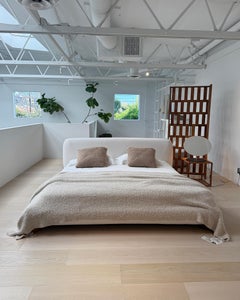 Bed, King Size Upholstered Design, Canaletto Walnut Leg, Bouclé Headboard, Italy