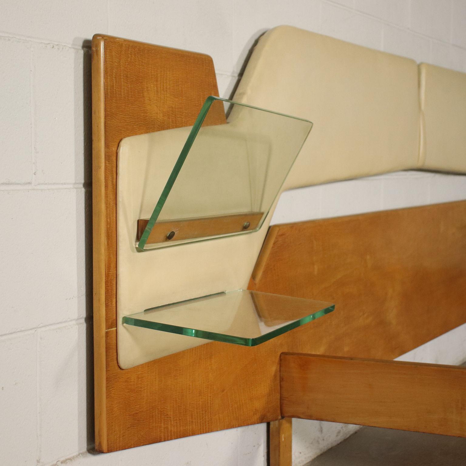 Mid-Century Modern Bed Maple Veneer Skai Glass, Italy, 1950s