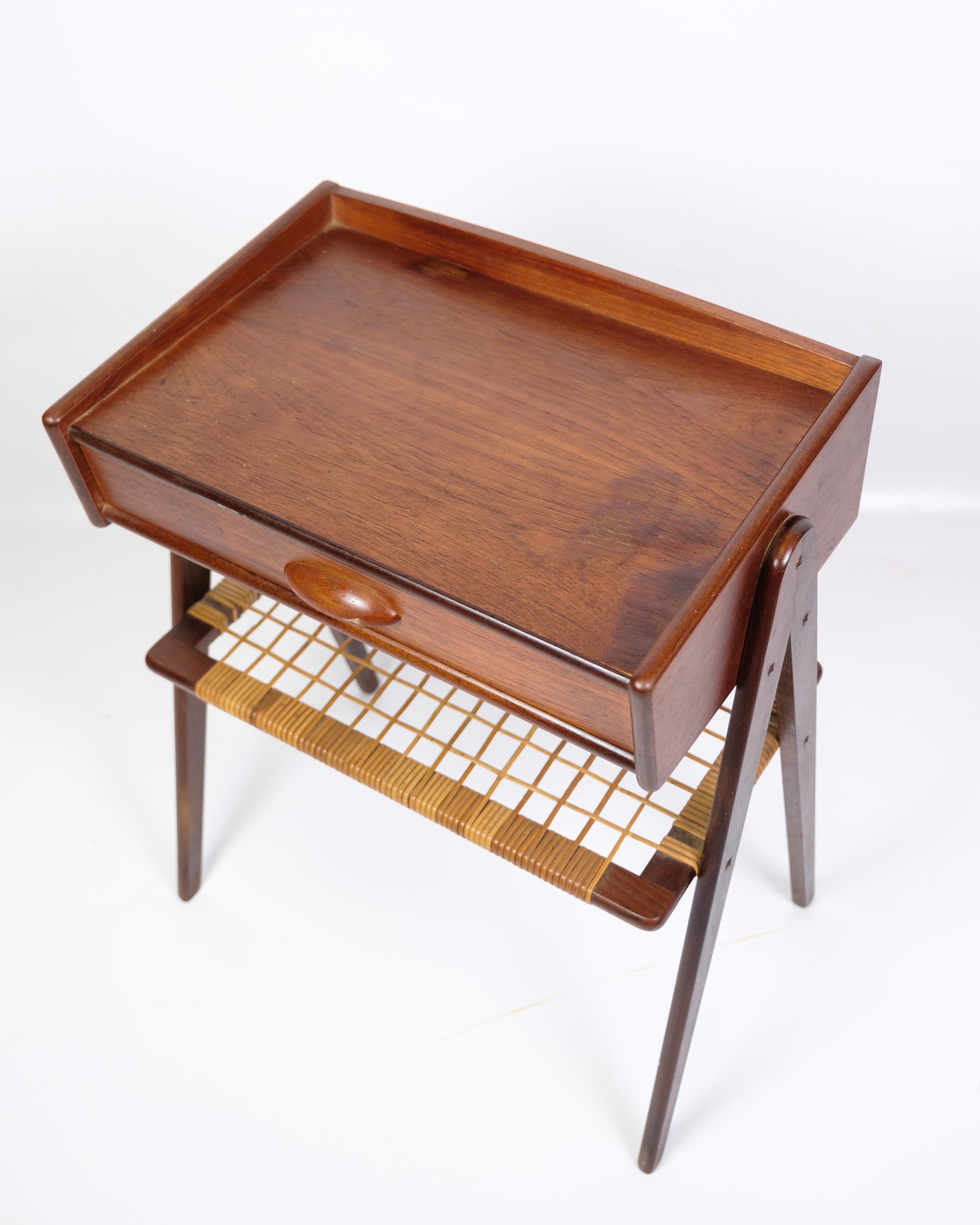 Bett/Beistelltisch aus Teakholz mit Schublade von Søren Rasmussen aus den 1960er Jahren (Korbweide) im Angebot
