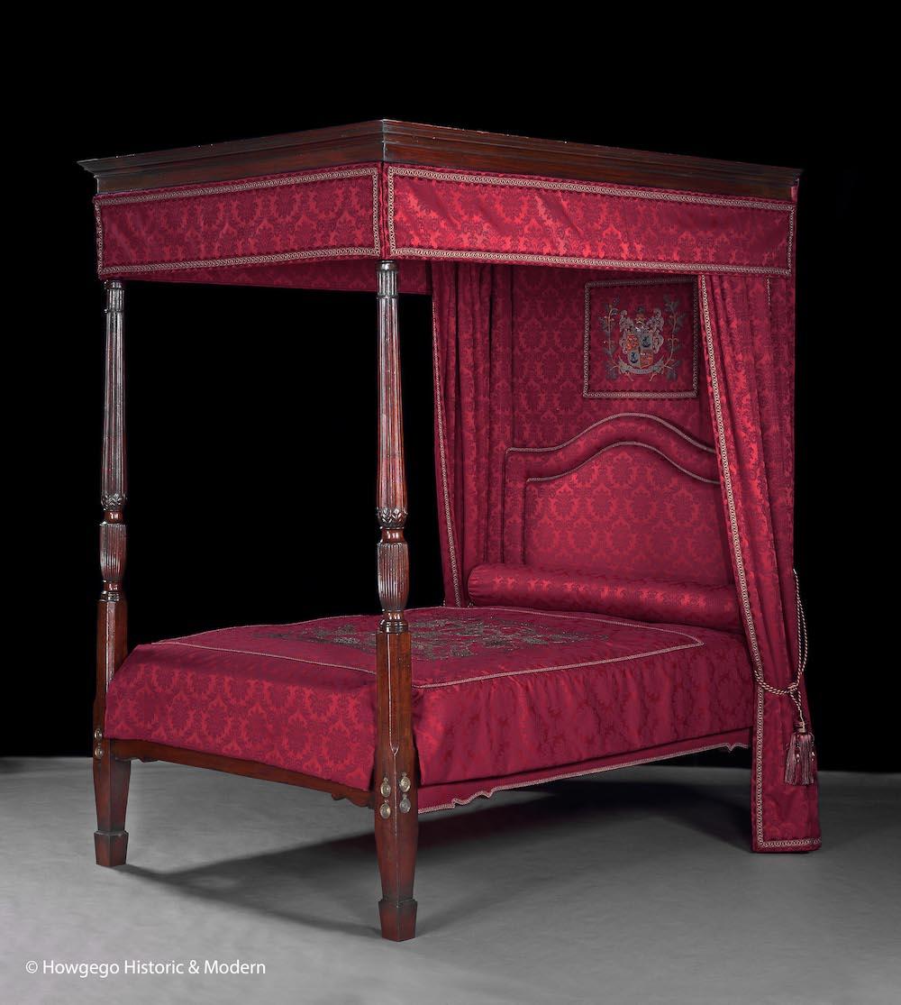 The Faringdon House, Chippendale Period, Mahogany, Claret Red Damask, Tester Bed Incorporating The Arms Of The Dukes Of Hamilton, The Royal Banner Of Scotland & Tree Of Life, sold with new custom-made, luxury, pocket sprung, king-sized mattress 5ft,