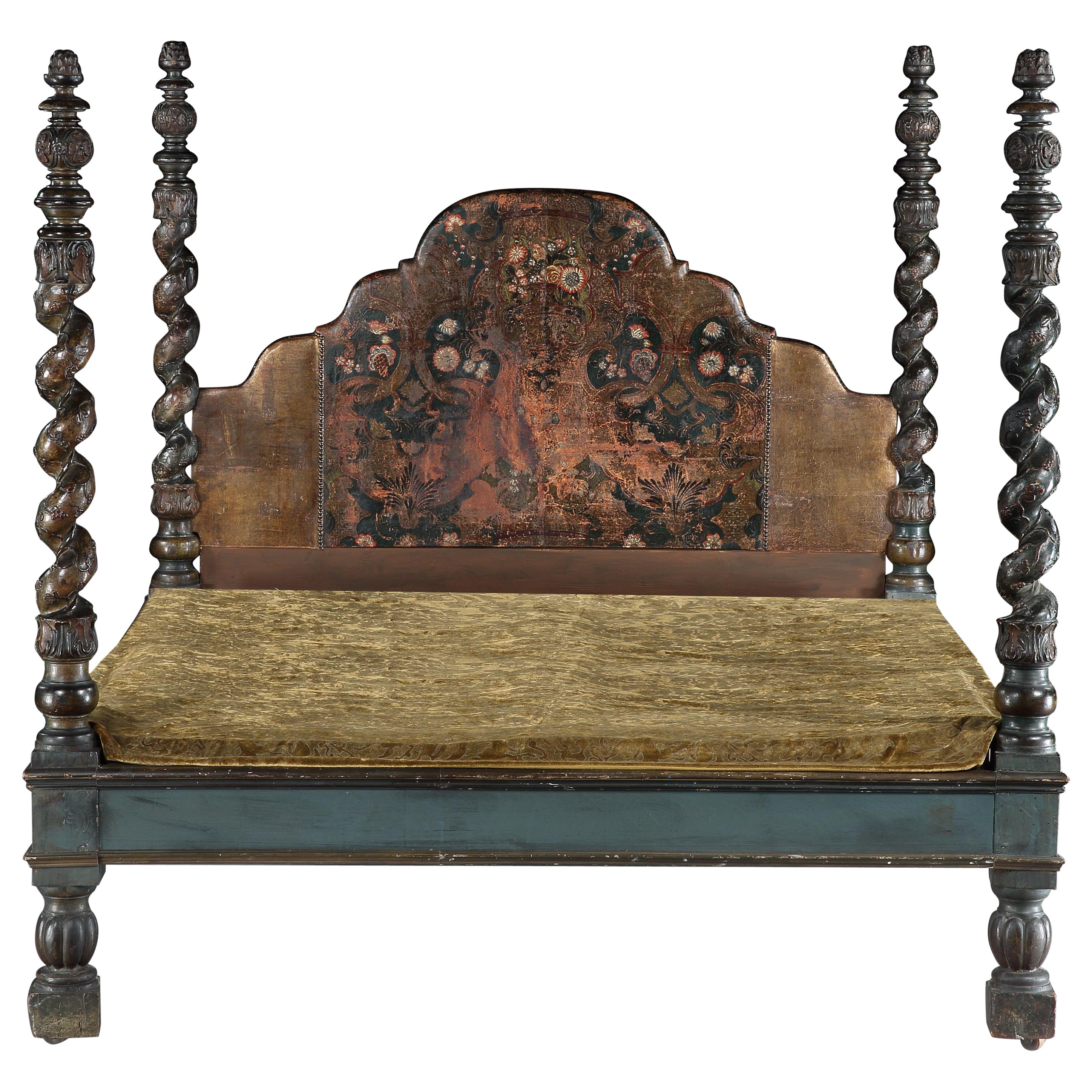 Bed Tester Spanish Baroque Carved Dark Green & Gilded Leather Superking 6ft180cm en vente