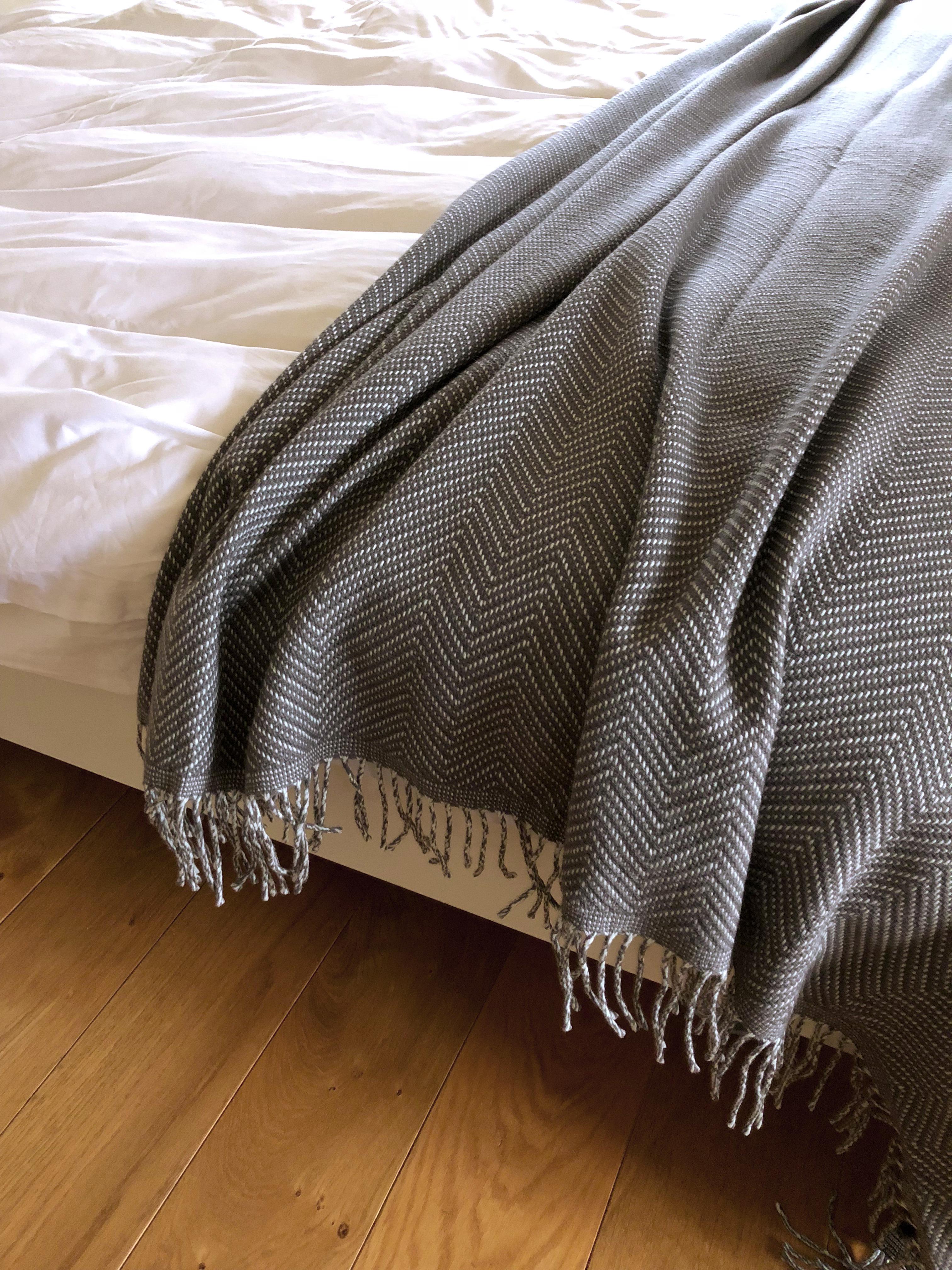 Modern Bed Throw Herringbone Woven of Extra Fine Merino in Grey by Catharina Mende For Sale