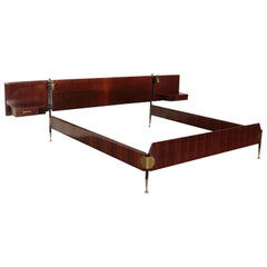 Vintage Bed Veneered Wood Metal Brass, Italy, 1960s