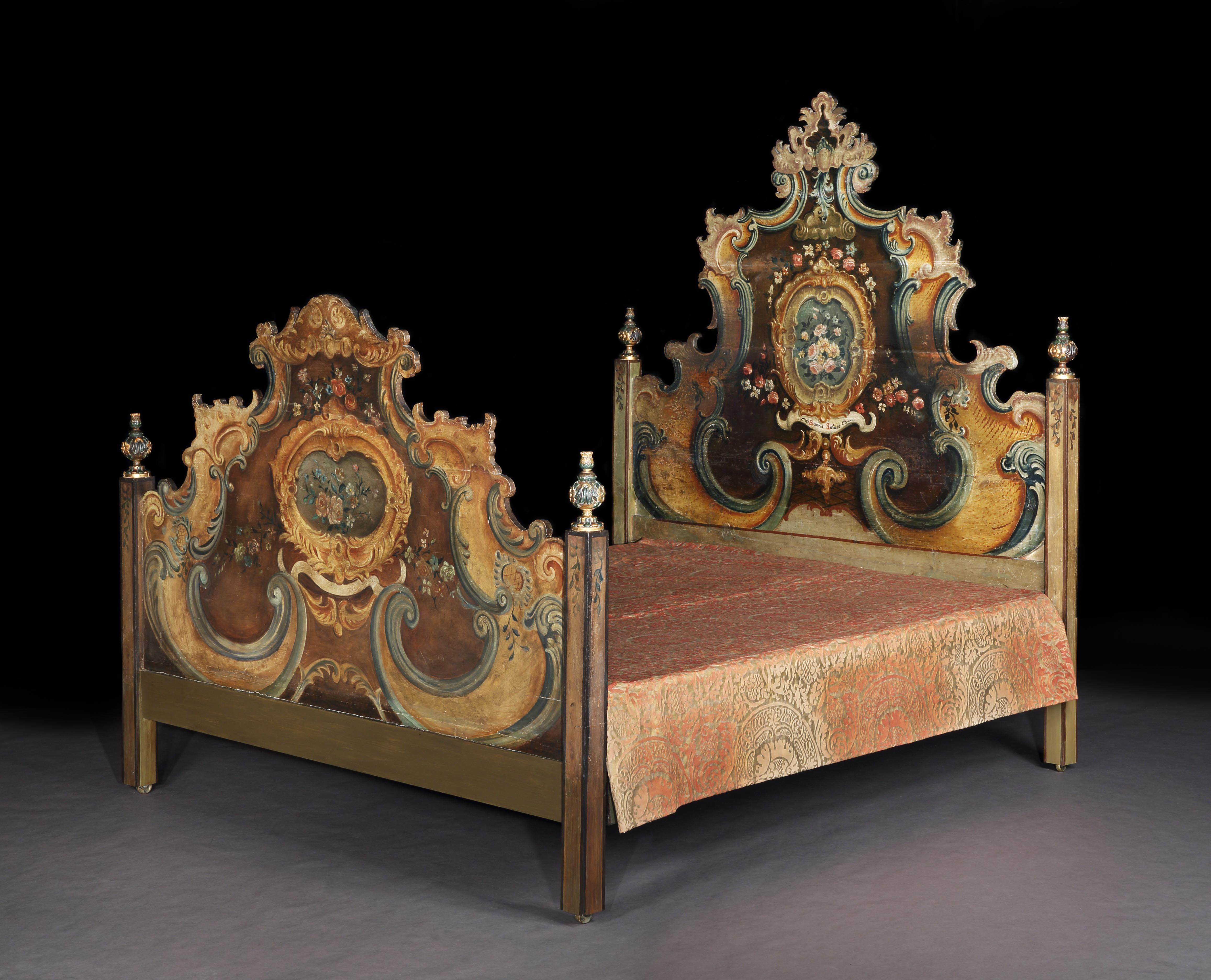 Magnificent, 18th Century, Venetian, Trompe-L’œil, Painted, Bed, Superking 6ft, 180cm wide, With Massive 213cm, 6ft 10in Shaped Headboard & 149cm, 5ft Shaped Footboard & Fortuny Bedcover, sold with new custom made box-spring mattress base which