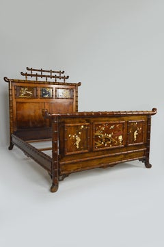 Bed with Japanese Inlaid Panels, Japonisme, France, circa 1880