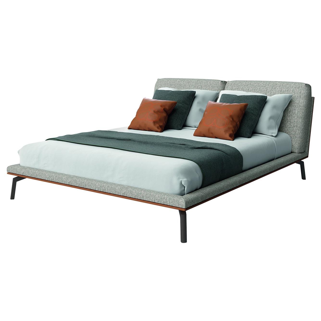 Bed with Solidwood Frame Leather or Fabric Upholstered Ash Grey Feet  For Sale