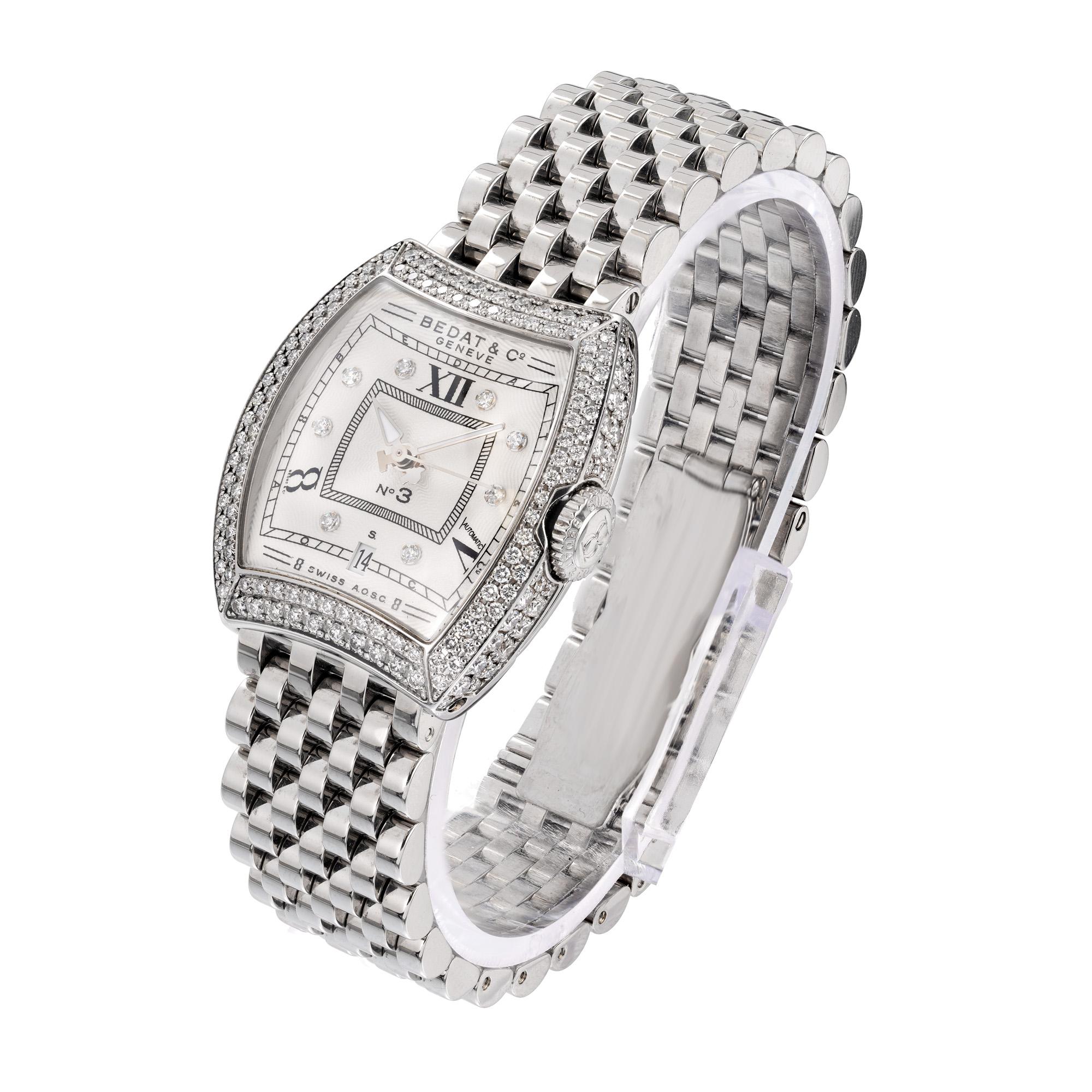 Bedat & Co two row diamond bezel wristwatch. No 3 Stainless mesh band with a diamonds on bezel and side. Automatic movement and date function.

7 1/8 Inches Long 
Length: 31.13mm
Width: 27.45mm 
Band Width at Case: 16.42mm
Case Thickness: