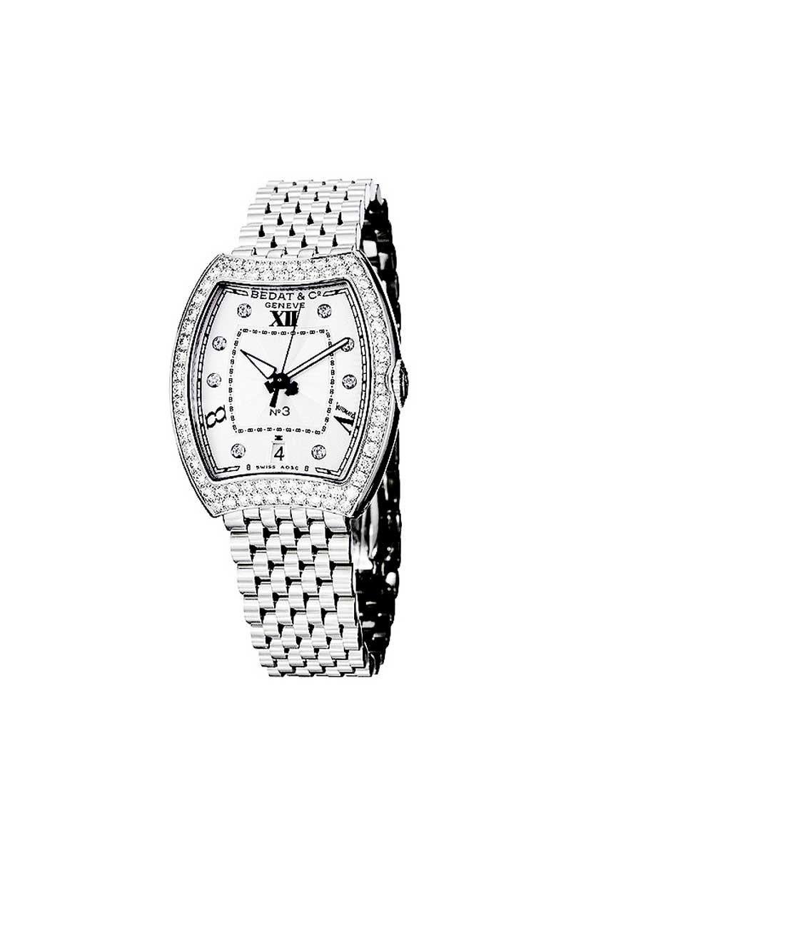 Stainless steel case with a stainless steel bracelet. Fixed bezel set with diamonds. Silver dial with luminous hands and diamond hour markers. Minute markers around the outer rim. Dial Type: Analog. Date display at the 6 o'clock position. Automatic