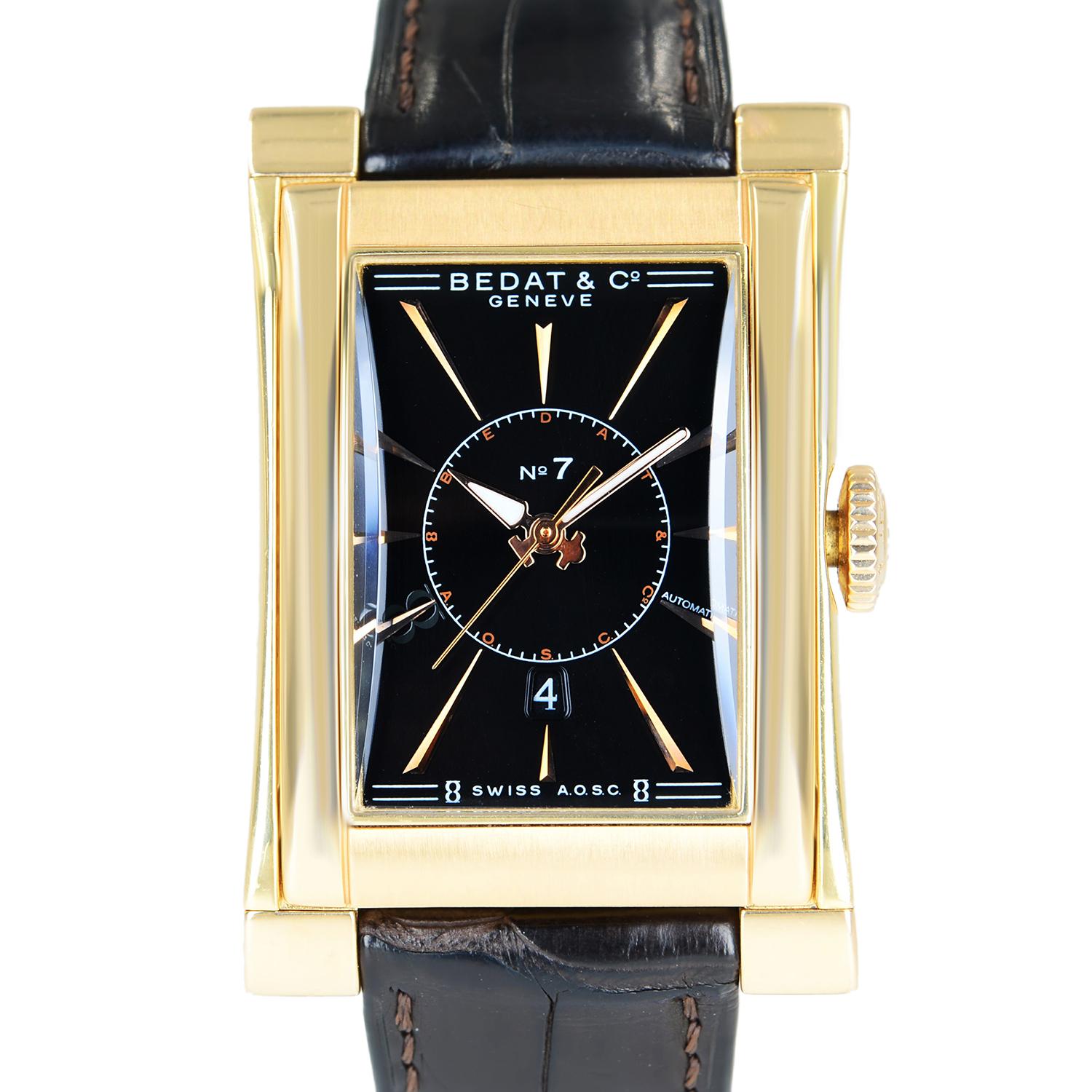 This pre-owned Bedat & Co Nº7  737 is a beautiful men's timepiece that is powered by mechanical (automatic) movement which is cased in a 18K yellow gold case. It has a  rectangle shape face, date indicator dial and has hand sticks style markers. It