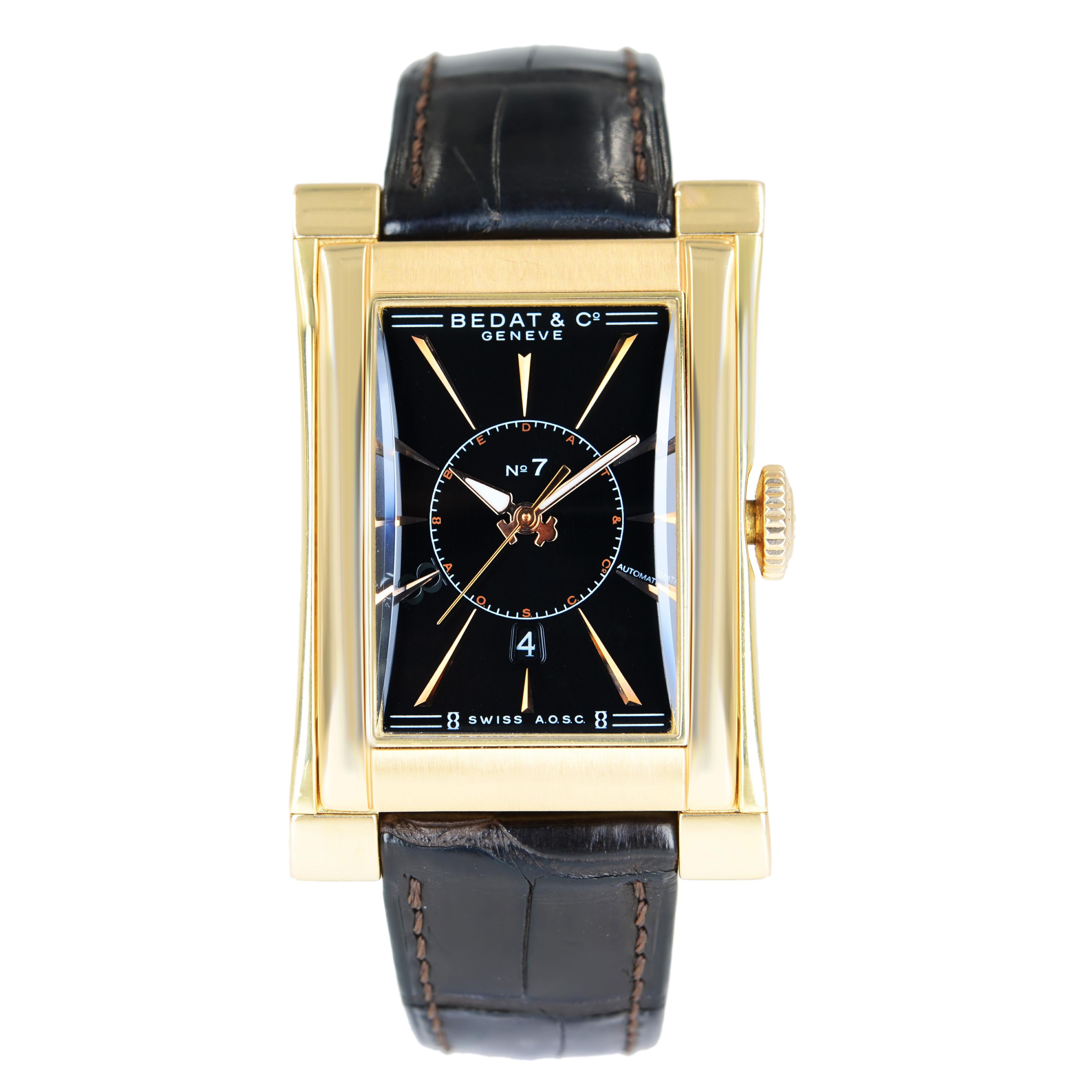 Bedat & Co No. 7 18k Gold Rectangle Black Dial Automatic Watch Ref 737 For Sale