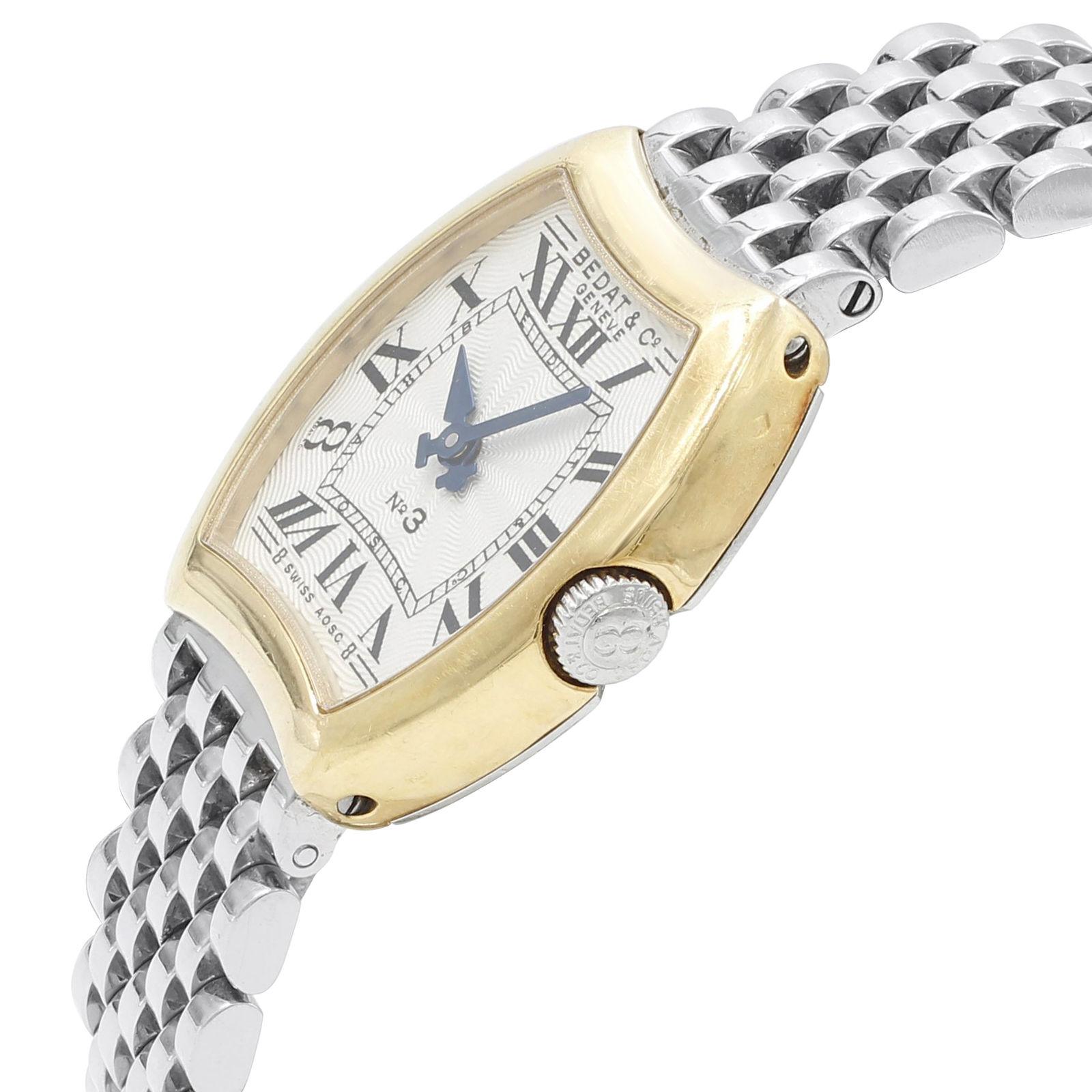 (28407)
This pre-owned Bedat & Co No. 3 Ref. 304 is a beautiful Ladies timepiece that is powered by a quartz movement which is cased in a stainless & solid gold case. It has a tonneau shape face, no features dial and has hand roman numerals style