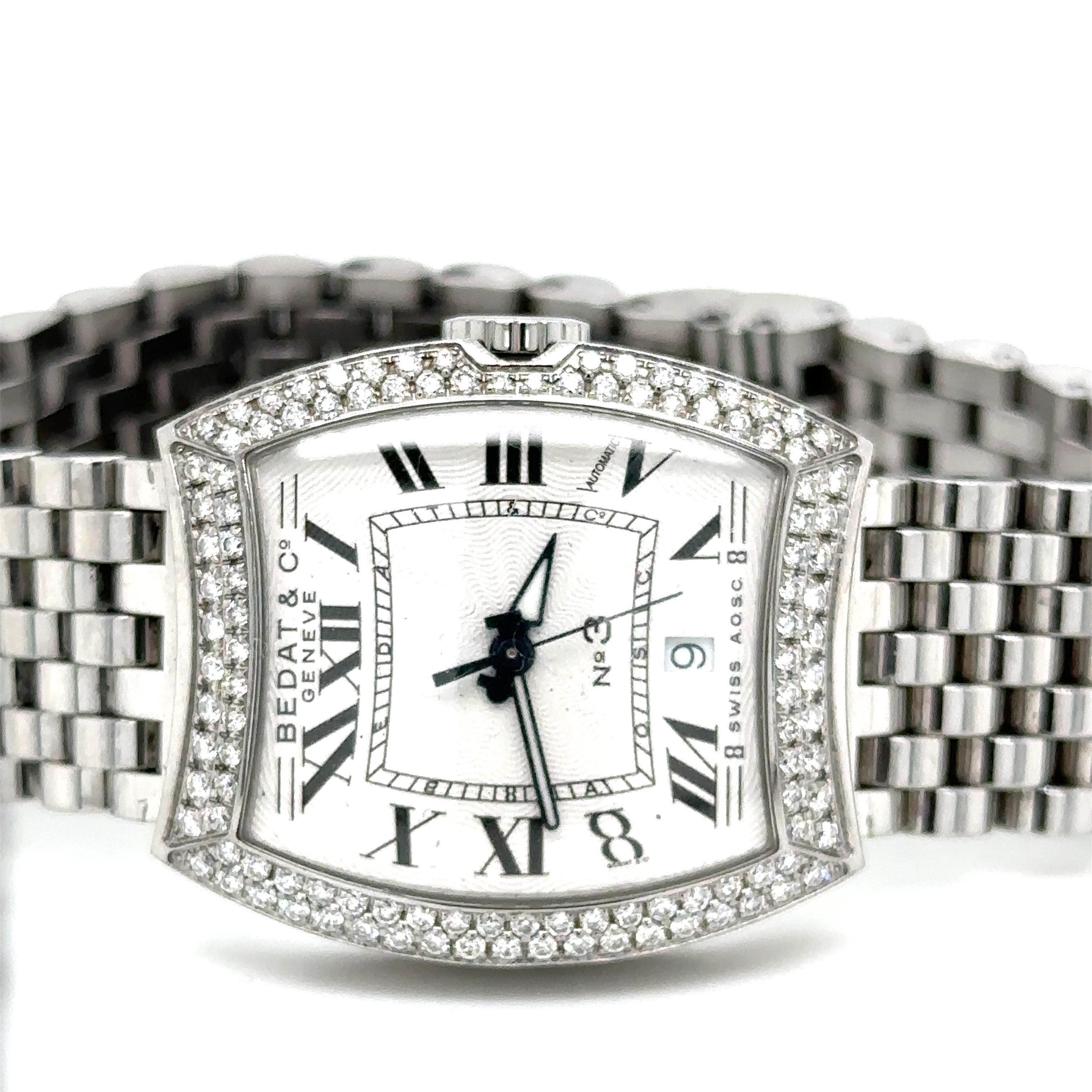 Bedat & Co. Ref. 314 No. 3 Ladies Automatic Diamond Bezel Watch Stainless Steel
Brand Name: Bedat & Co
Style Number:10576
Also Called: Ref. 314
Series: No. 3
Style (Gender): Ladies
Case Material: Stainless Steel with diamonds
Dial Color: White with