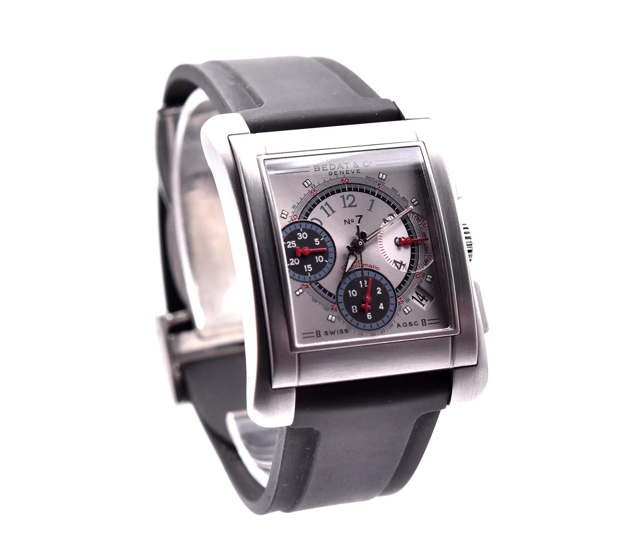 Movement: automatic
Function: hours, minuets, seconds, date, chronograph
Case: 32.5 X 45mm rectangular stainless steel case, sapphire crystal
Bracelet: black rubber strap, integrated clasp 
Dial: silver chronograph dial
Reference #: 768
Serial #