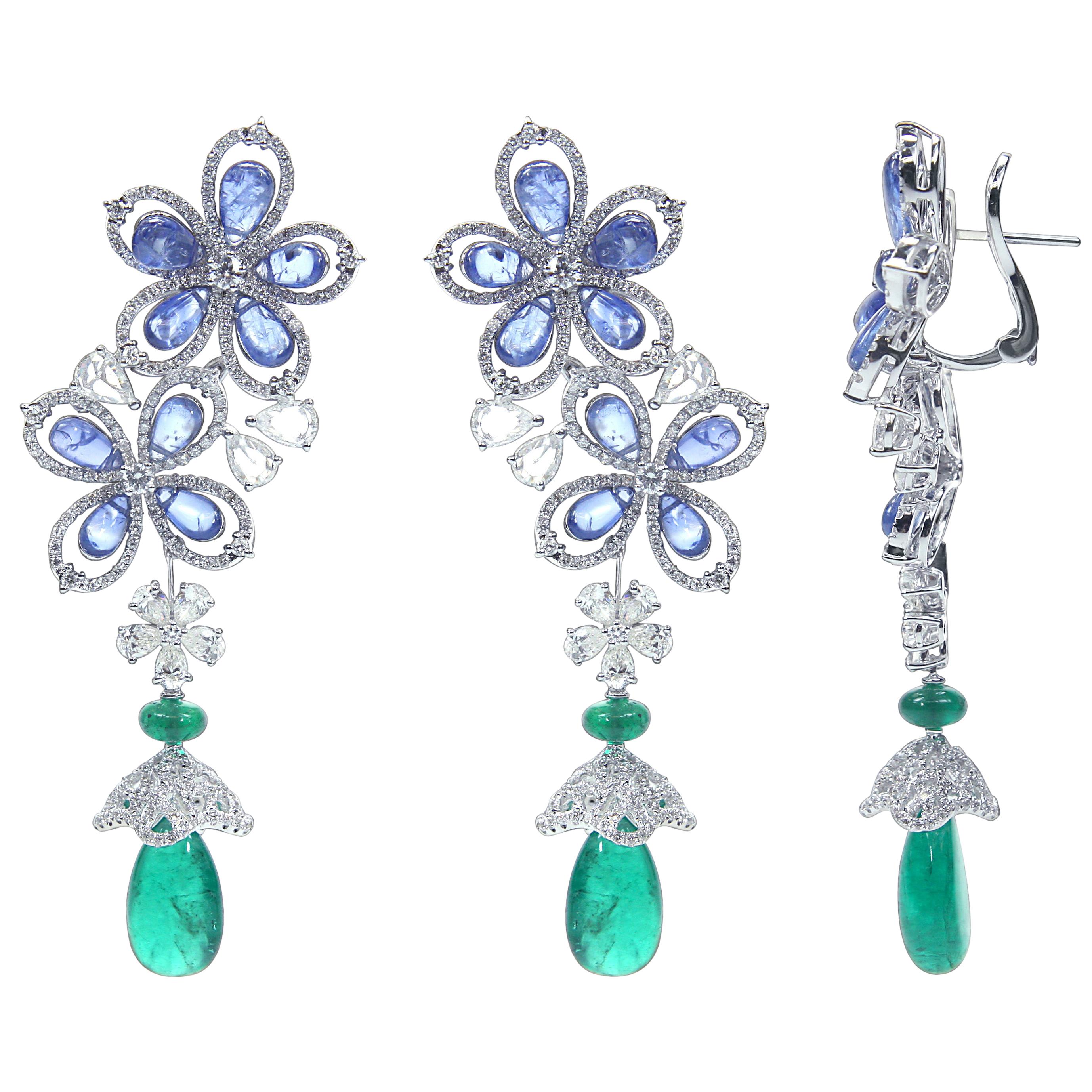Bedazzling 18 Karat White Gold, Diamond, Sapphire and Emerald Drop Earrings For Sale