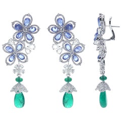 Bedazzling 18 Karat White Gold, Diamond, Sapphire and Emerald Drop Earrings