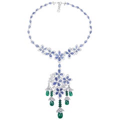 Bedazzling 18 Karat White Gold, Diamond, Sapphire and Emerald Drop Necklace Bedazzling 18 Karat White Gold, Diamond, Sapphire and Emerald Drop Necklace