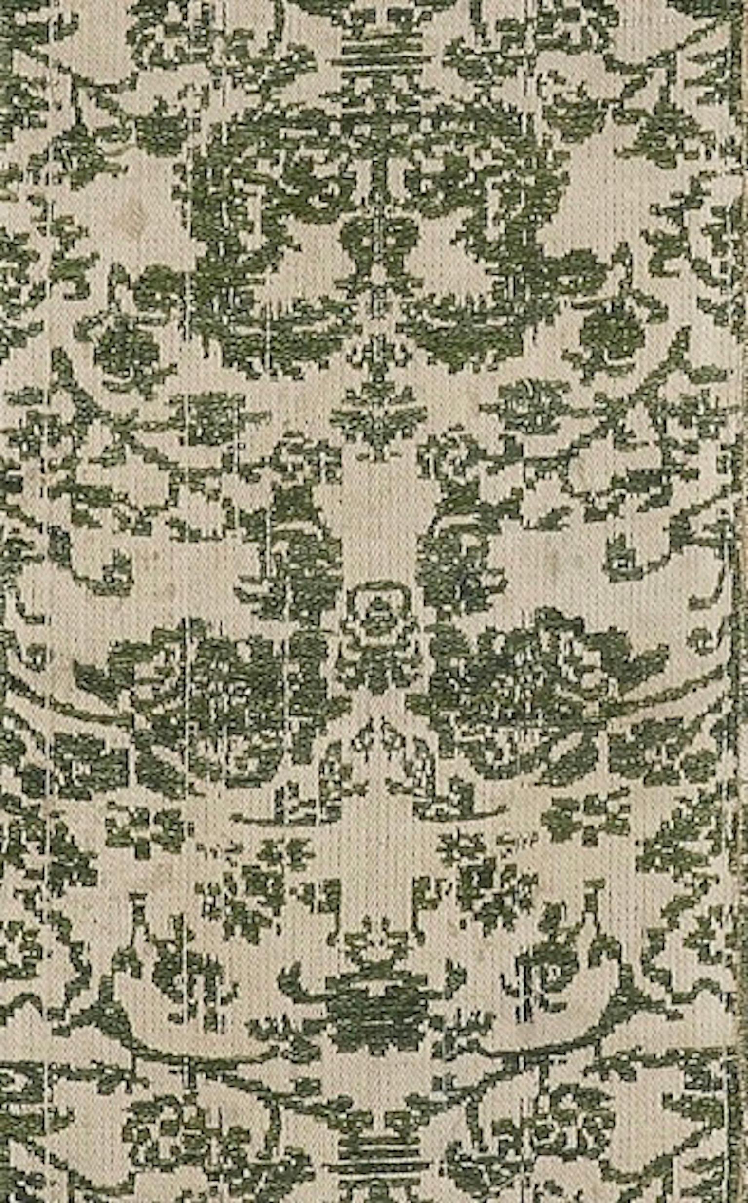 Remarquable et exceptionnellement rare, Italie, 17ème siècle, vert et ivoire, damassé, lin, couverture de lit tissée

- Fabriqué comme un article de luxe au milieu du XVIIe siècle, tissé avec un motif damas caractéristique de l'ornementation de la