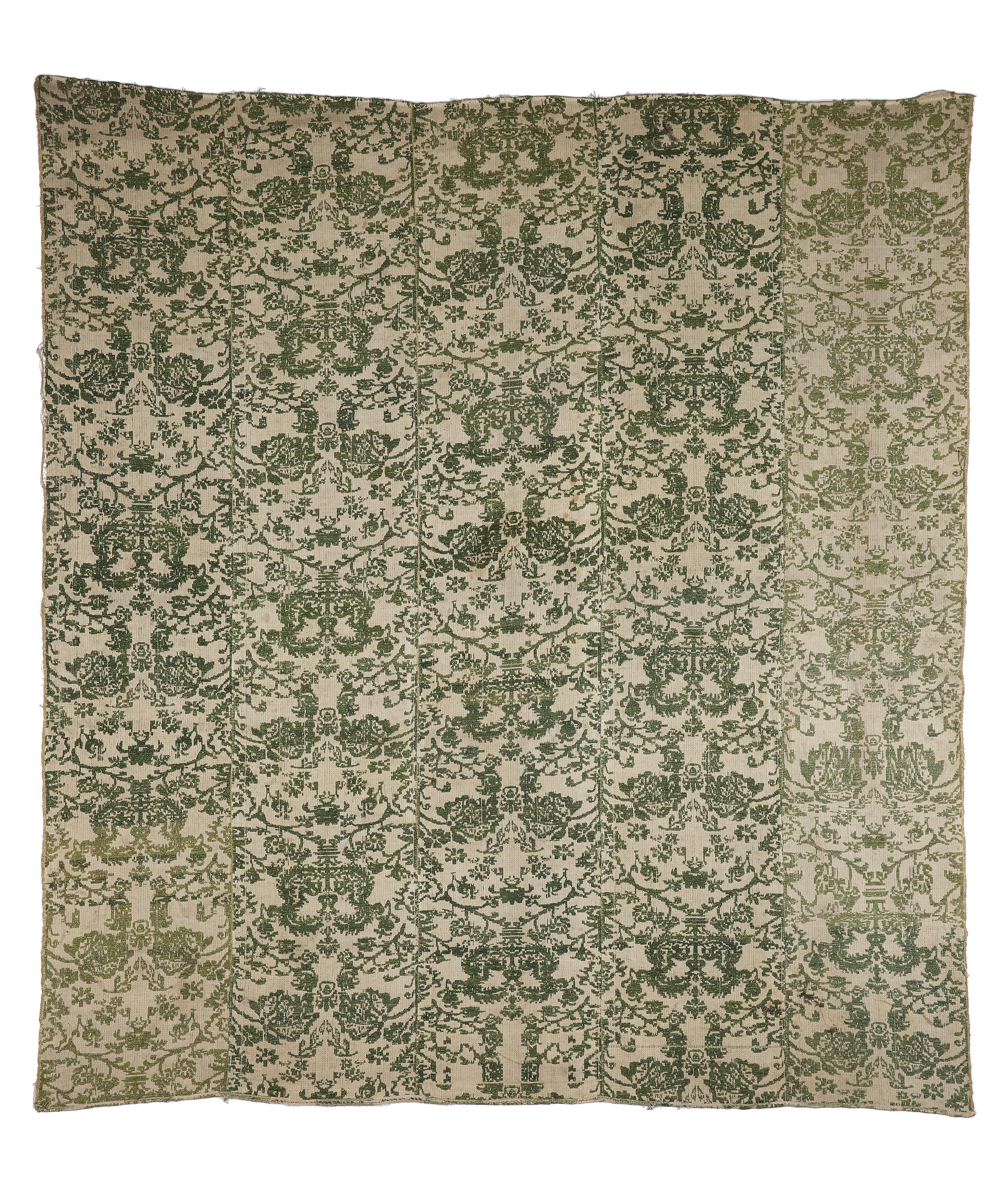 Bettbedeckung mit Hängevorhänge aus italienischem Leinen in Grün, Elfenbein und Damast, handgewebt (Englisch) im Angebot