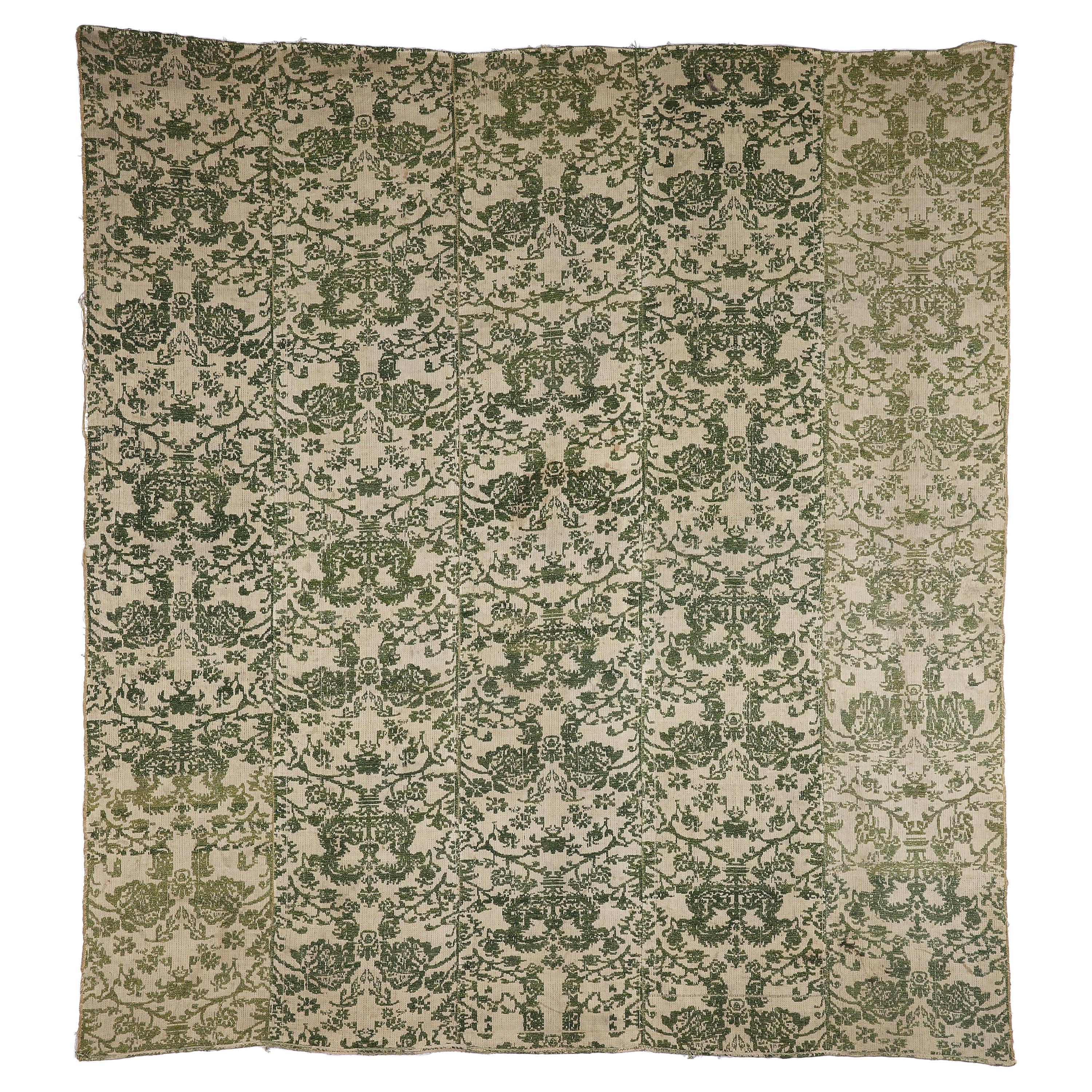 Bettbedeckung mit Hängevorhänge aus italienischem Leinen in Grün, Elfenbein und Damast, handgewebt im Angebot