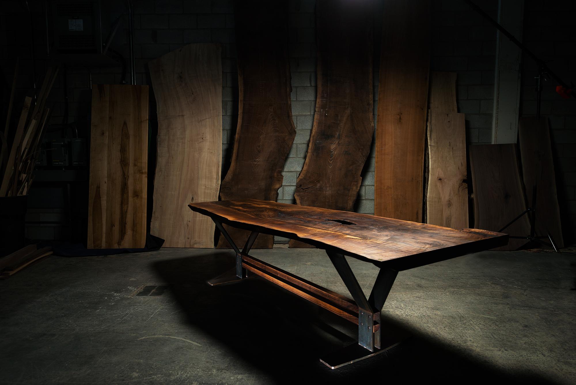 Canadian Bedford Live Edge Dining Table, by Ambrozia, Claro Walnut Slab & Blackened Steel For Sale