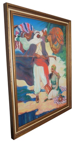 Bedouin Camp by E. Kohl Orientalist Watercolor Painting Camel Nomad Figures