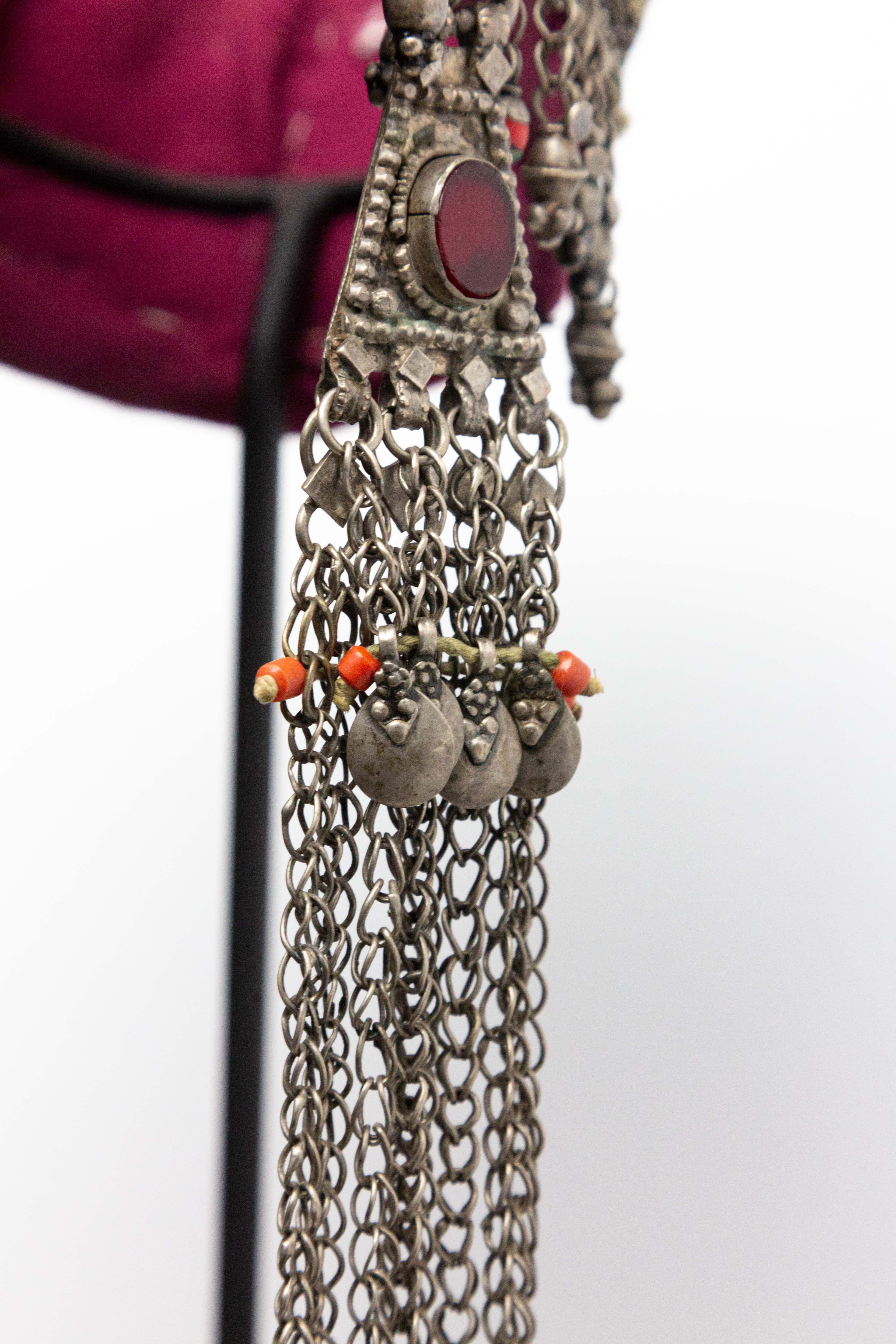Tribal Custom Mounted Silver and Carnelian Headdress from Turkmenistan