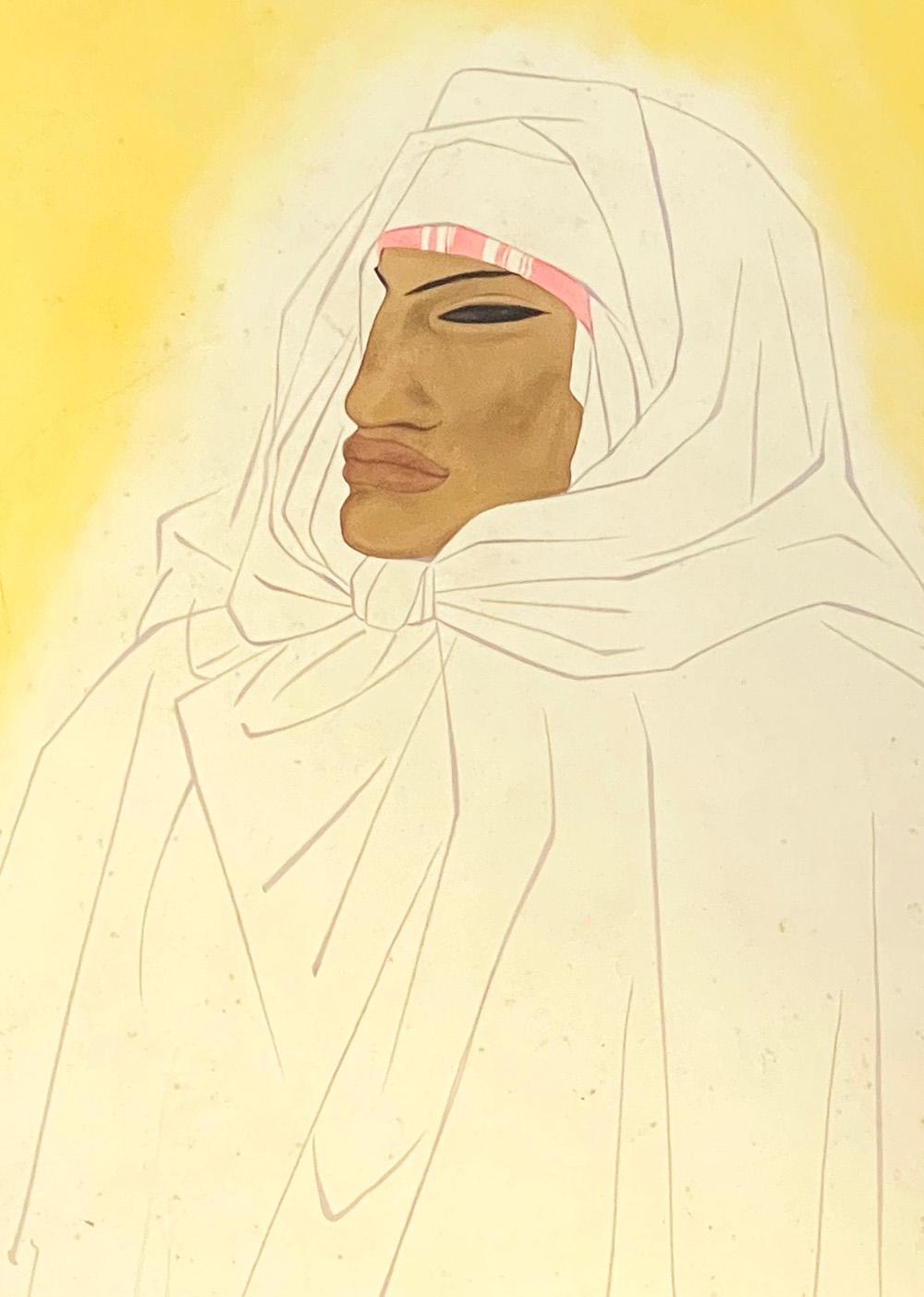 Saisissante et belle, cette représentation d'un bédouin dans sa robe traditionnelle a la couleur et l'intensité que l'on associe au soleil et à la chaleur féroces de l'Afrique du Nord. Le tableau a été exécuté par Henry Stahlhut, qui est surtout