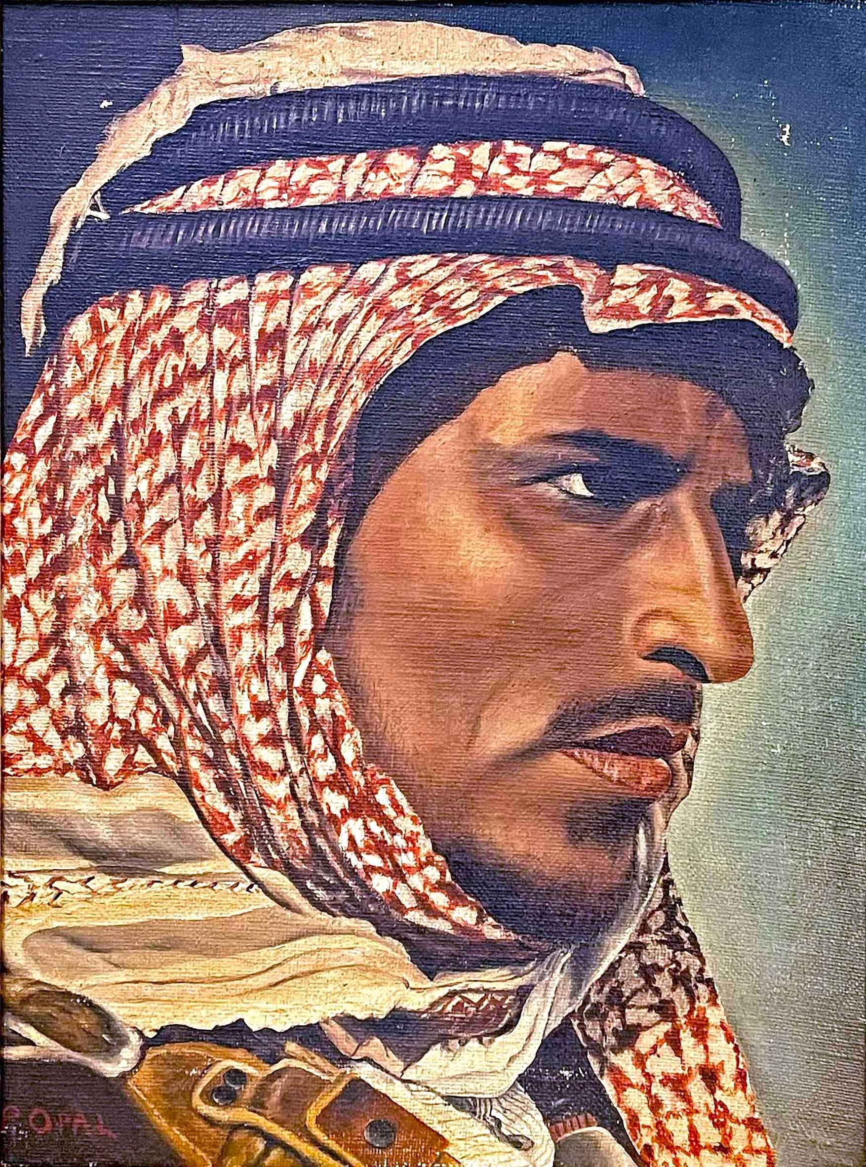 Painted toward the end of the Great Depression, this striking portrait of a handsome bedouin with a traditional headdress featuring a red and white keffiyeh, was painted by Peter Opal. Little is known about the artist, but his talent is obvious in