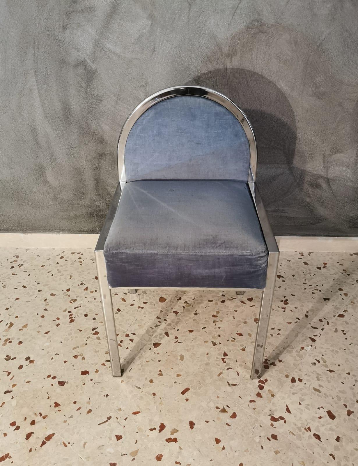 Mid Century Bedroom Chair Smooth Velvet Chromed Metal Italian Design 1970s 1