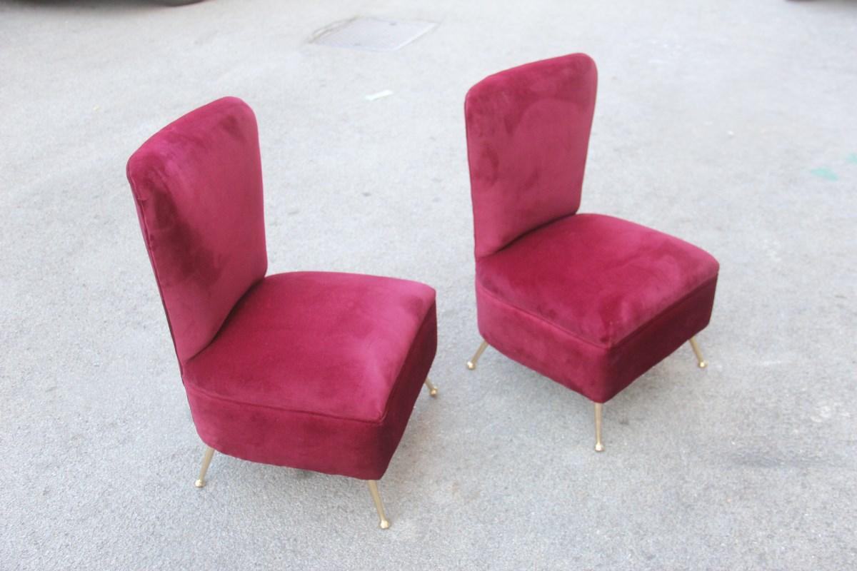 Gigi Radice bedroom chairs dark red velvet feet brass midcentury Italian design, 1950s.