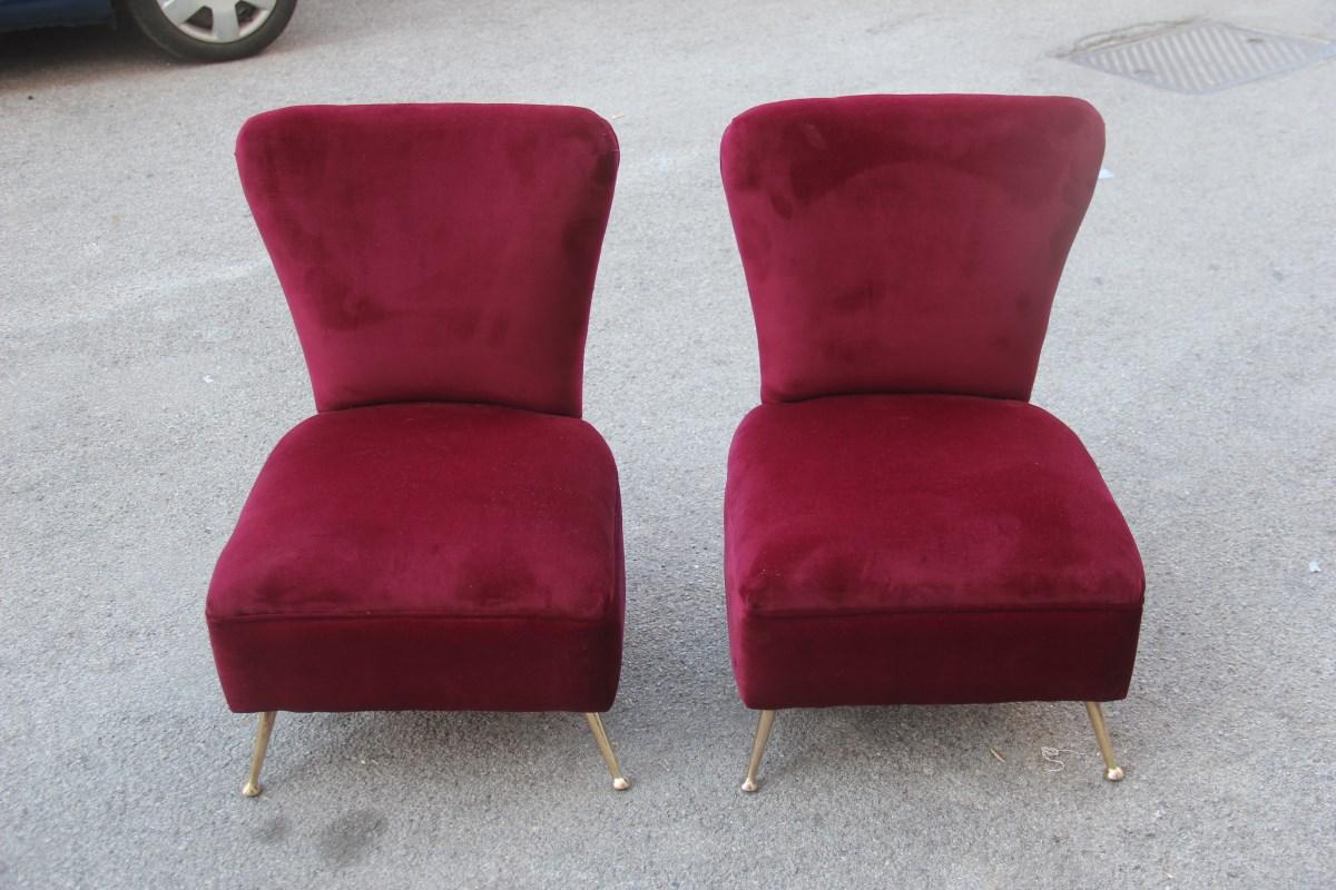 Mid-Century Modern Bedroom Chairs Dark Red Velvet Feet Brass Midcentury Italian Design Gigi Radice For Sale