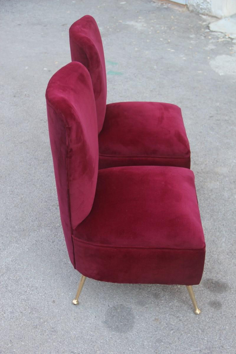 Bedroom Chairs Dark Red Velvet Feet Brass Midcentury Italian Design Gigi Radice In Excellent Condition For Sale In Palermo, Sicily