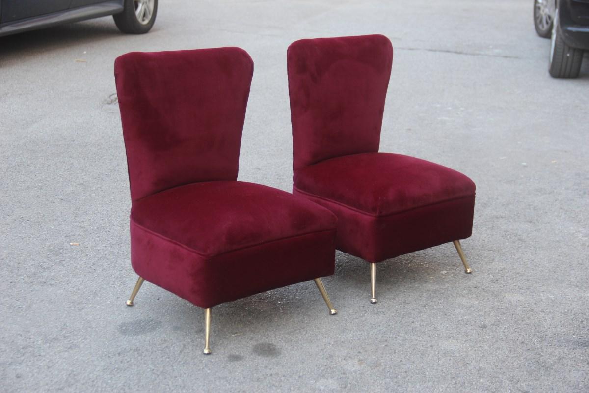 Mid-20th Century Bedroom Chairs Dark Red Velvet Feet Brass Midcentury Italian Design Gigi Radice For Sale