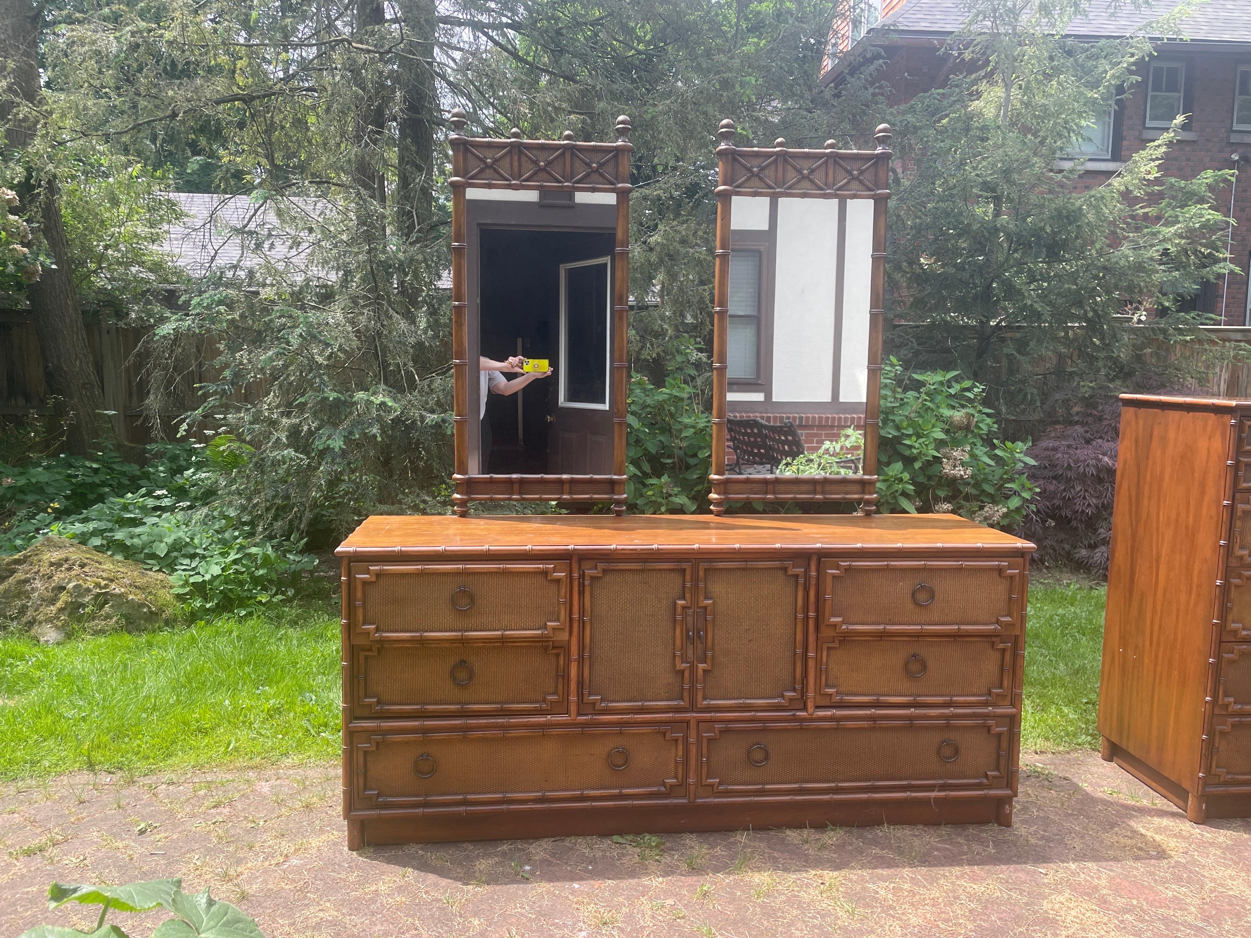 Bedroom Dresser Lowboy Faux Bamboo and Rattan Dresser by Drexel with Mirrors For Sale 5