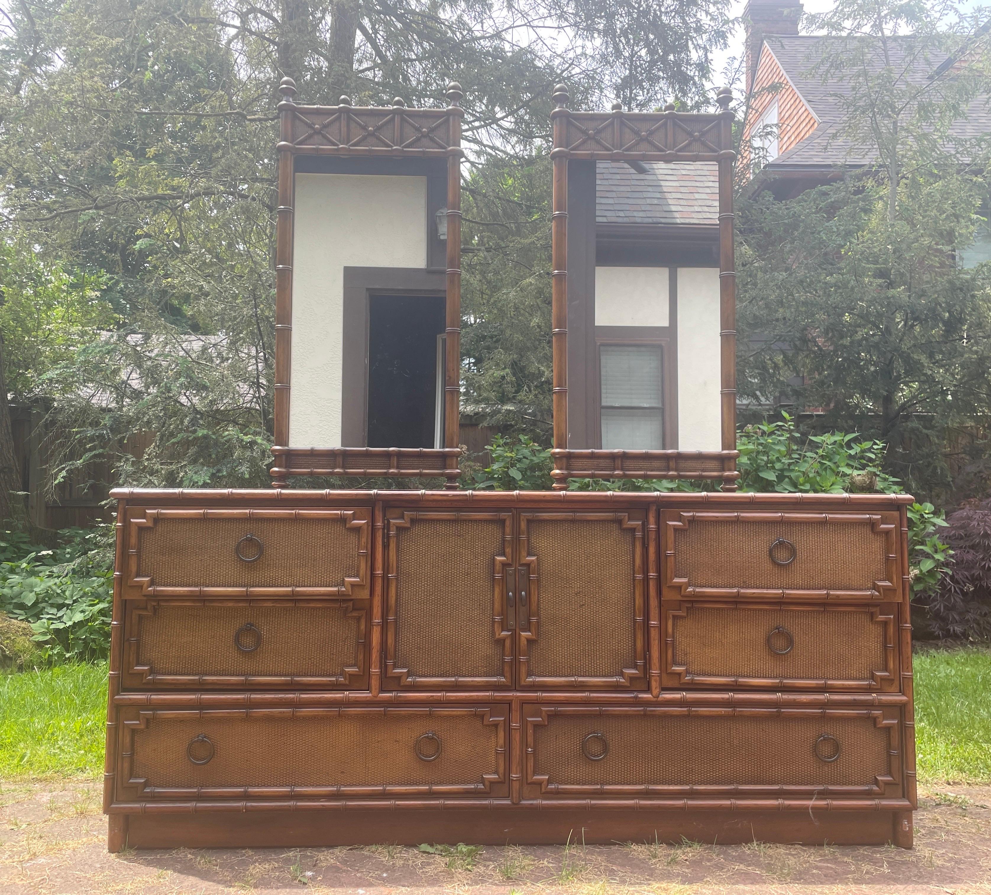 Bedroom Dresser Lowboy Faux Bamboo and Rattan Dresser by Drexel with Mirrors For Sale 6