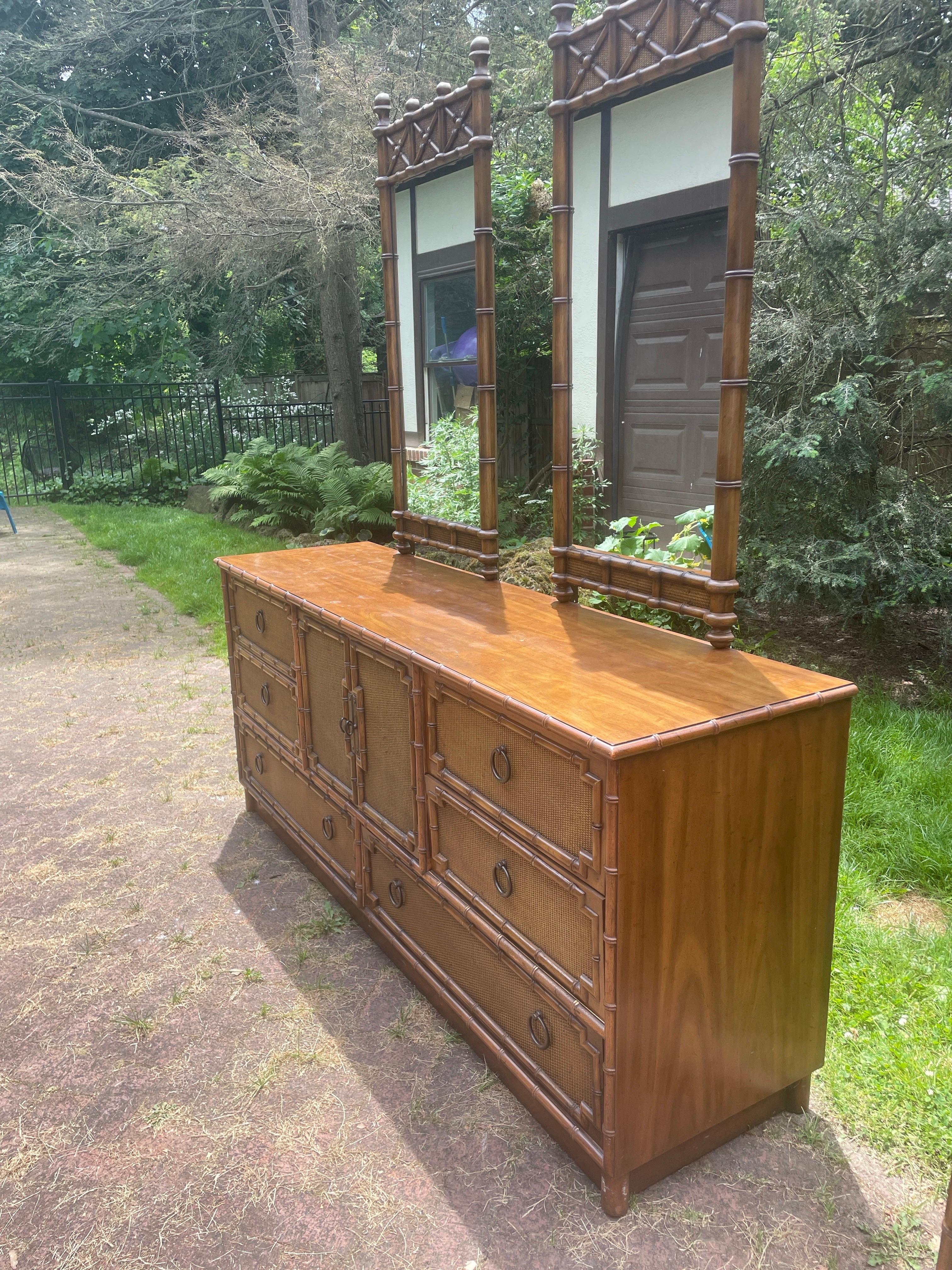 Bedroom Dresser Lowboy Faux Bamboo and Rattan Dresser by Drexel with Mirrors For Sale 9