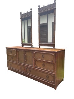 Bedroom Dresser Lowboy Faux Bamboo and Rattan Dresser by Drexel with Mirrors