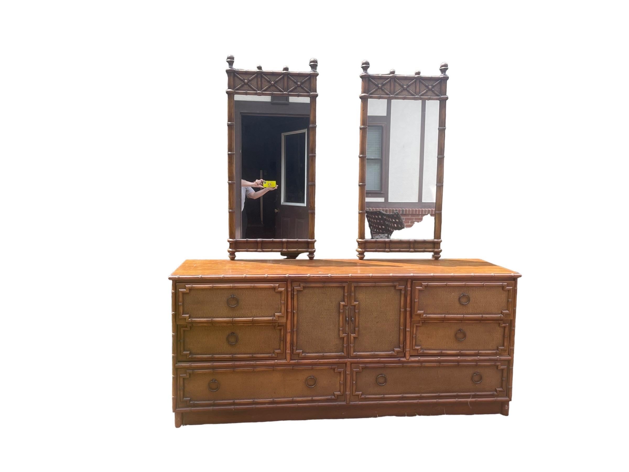 Mid-Century Modern Bedroom Dresser Lowboy Faux Bamboo and Rattan Dresser by Drexel with Mirrors For Sale