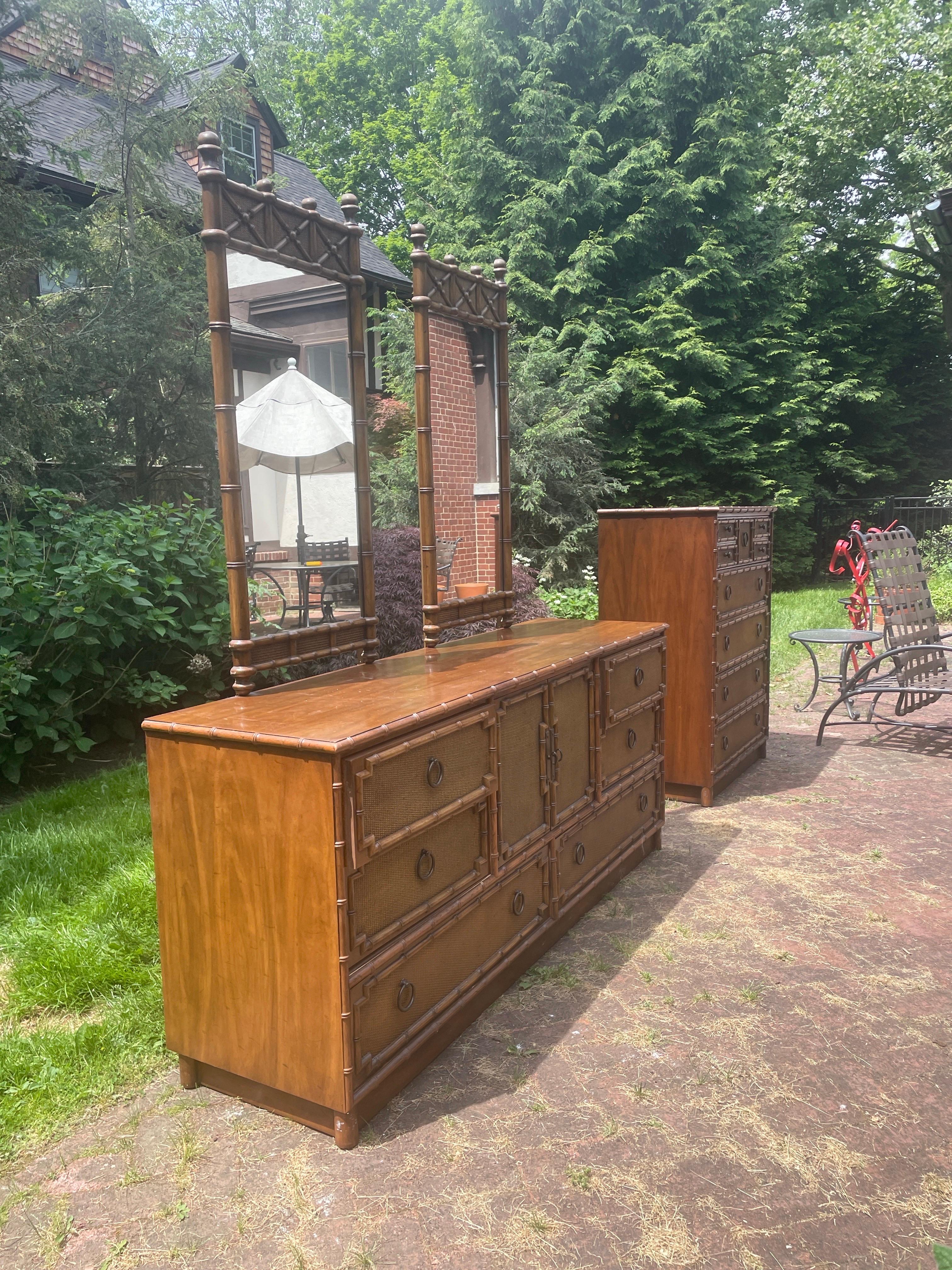 Mid-Century Modern Bedroom Dresser Lowboy Faux Bamboo and Rattan Dresser by Drexel with Mirrors For Sale