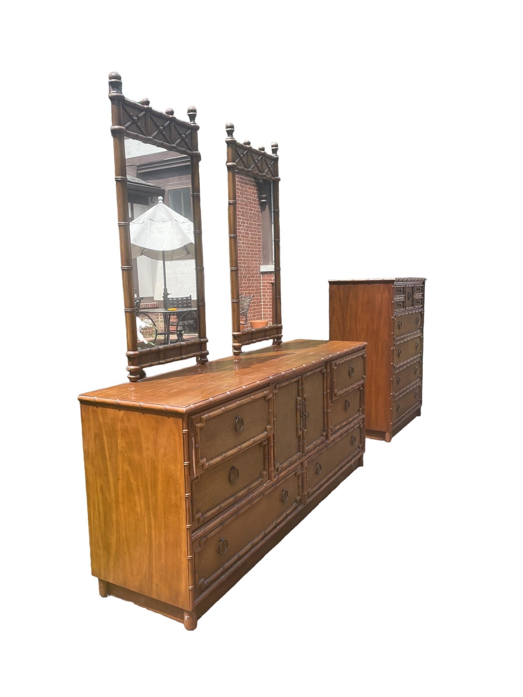 American Bedroom Dresser Lowboy Faux Bamboo and Rattan Dresser by Drexel with Mirrors For Sale