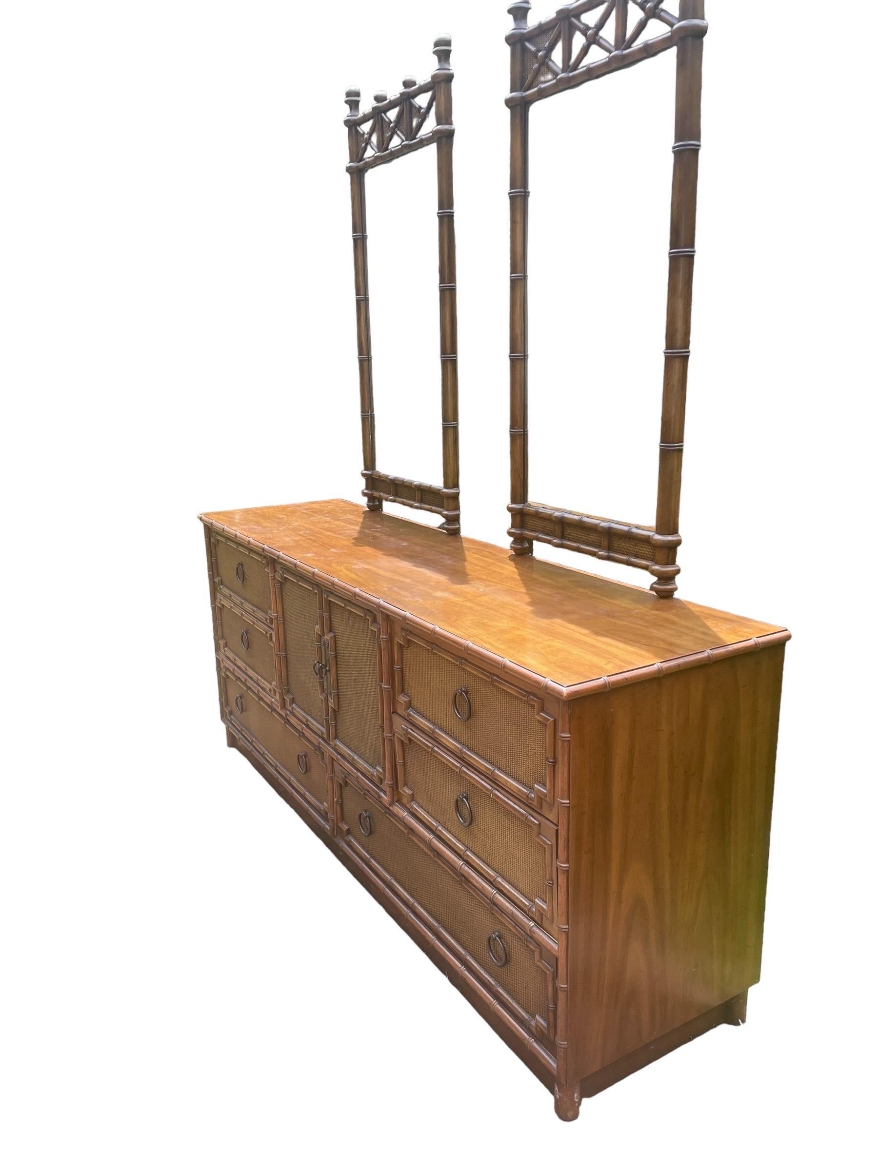 Bedroom Dresser Lowboy Faux Bamboo and Rattan Dresser by Drexel with Mirrors In Good Condition For Sale In Rochester, NY