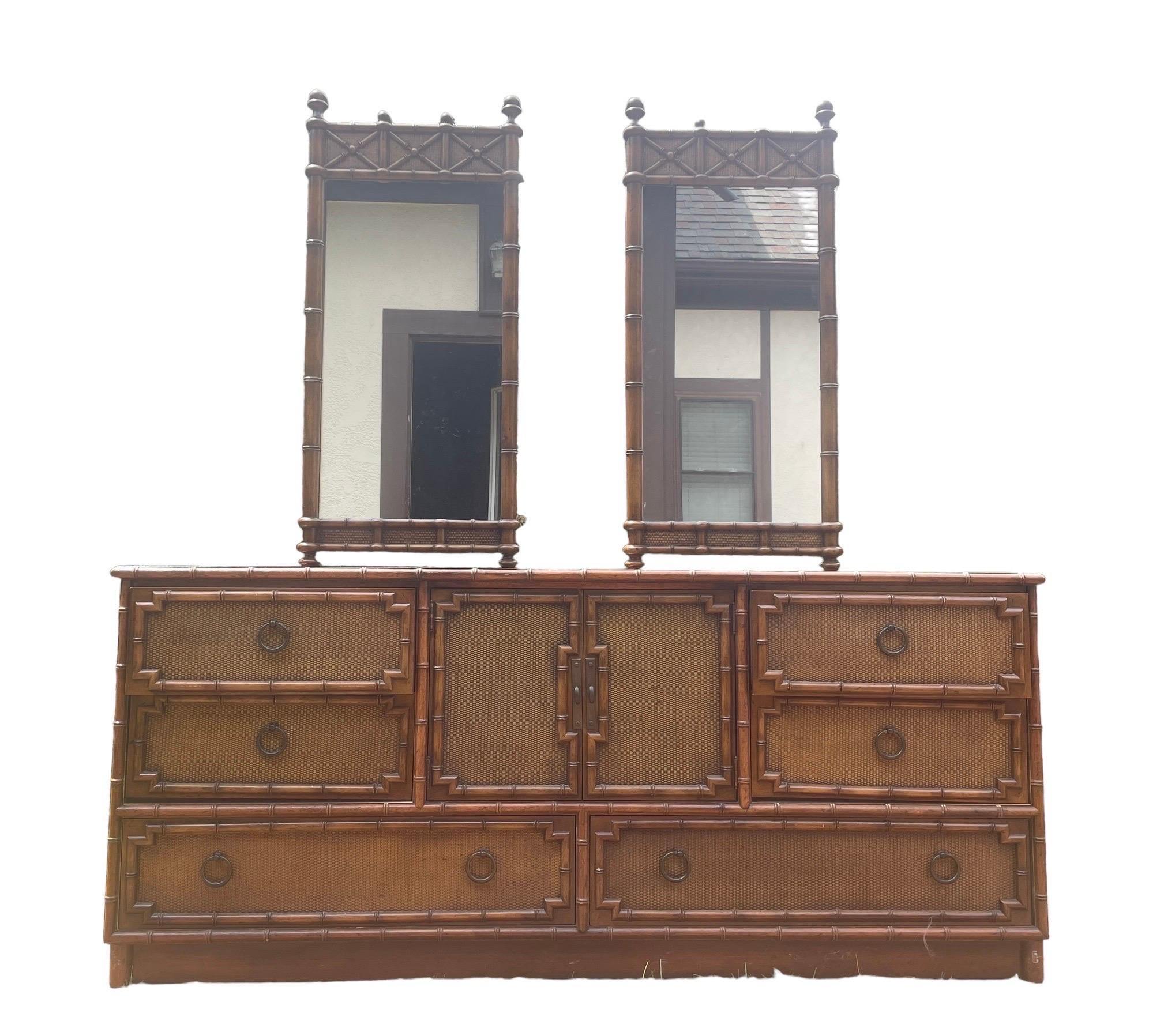 20th Century Bedroom Dresser Lowboy Faux Bamboo and Rattan Dresser by Drexel with Mirrors For Sale