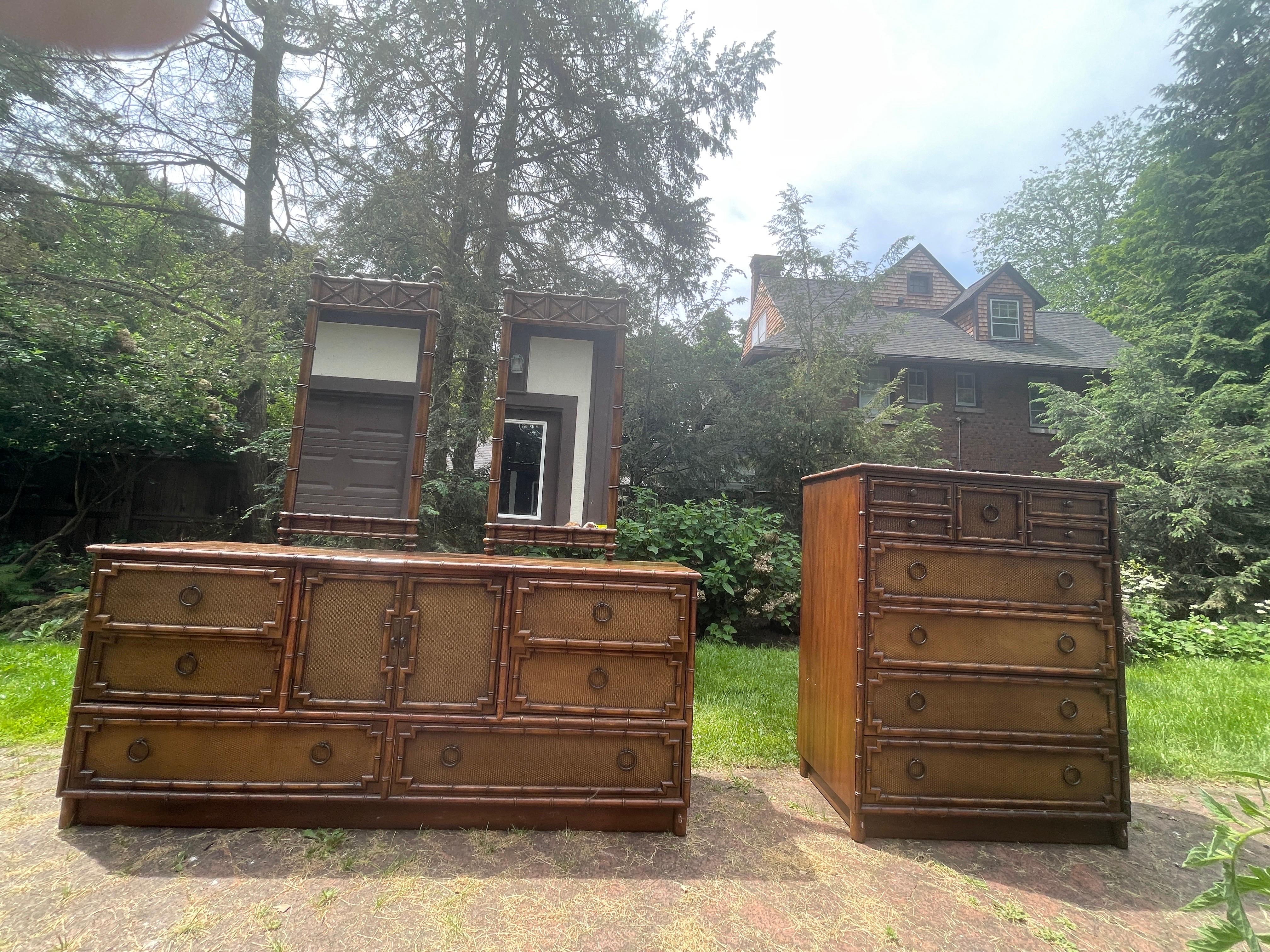 Bedroom Dresser Lowboy Faux Bamboo and Rattan Dresser by Drexel with Mirrors For Sale 2