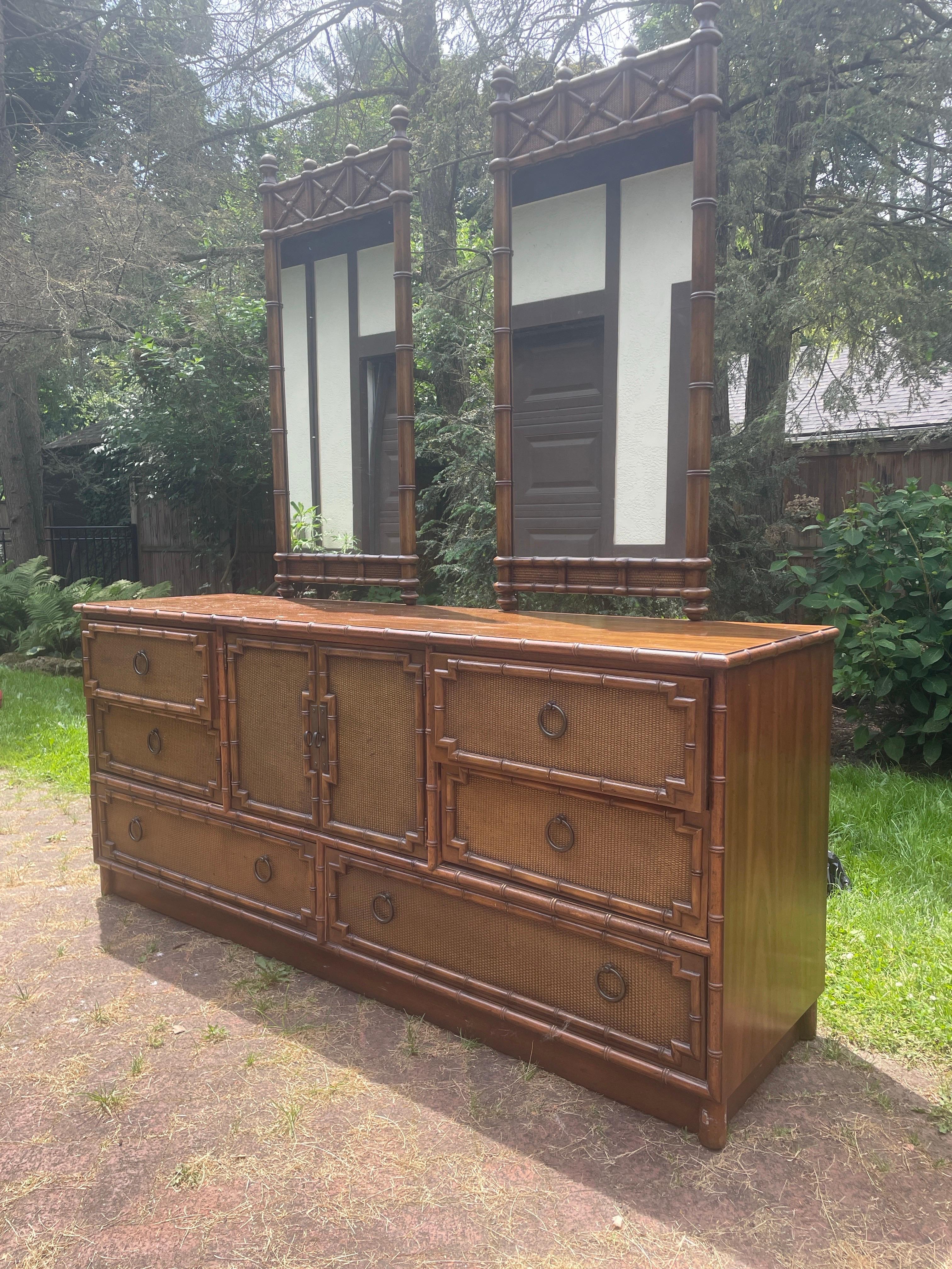 Bedroom Dresser Lowboy Faux Bamboo and Rattan Dresser by Drexel with Mirrors For Sale 3